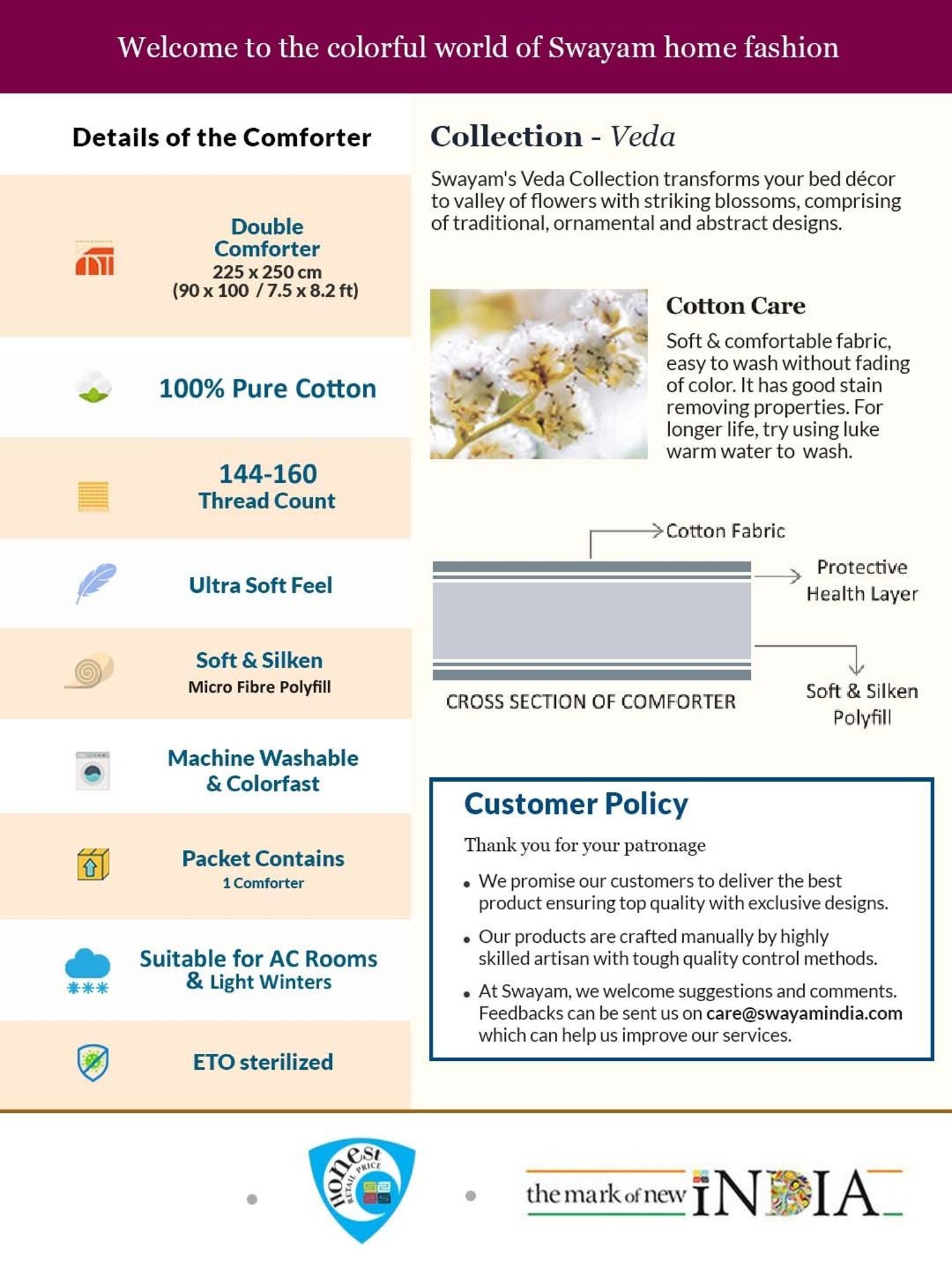 Swayam Veda Pink & Brown Cotton 144 TC Comforter - Set of 1