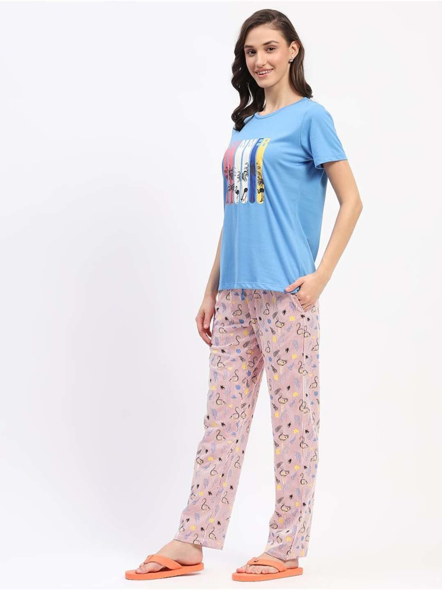 MADAME M Secret Blue Cotton Printed T-Shirt Pyjamas Set