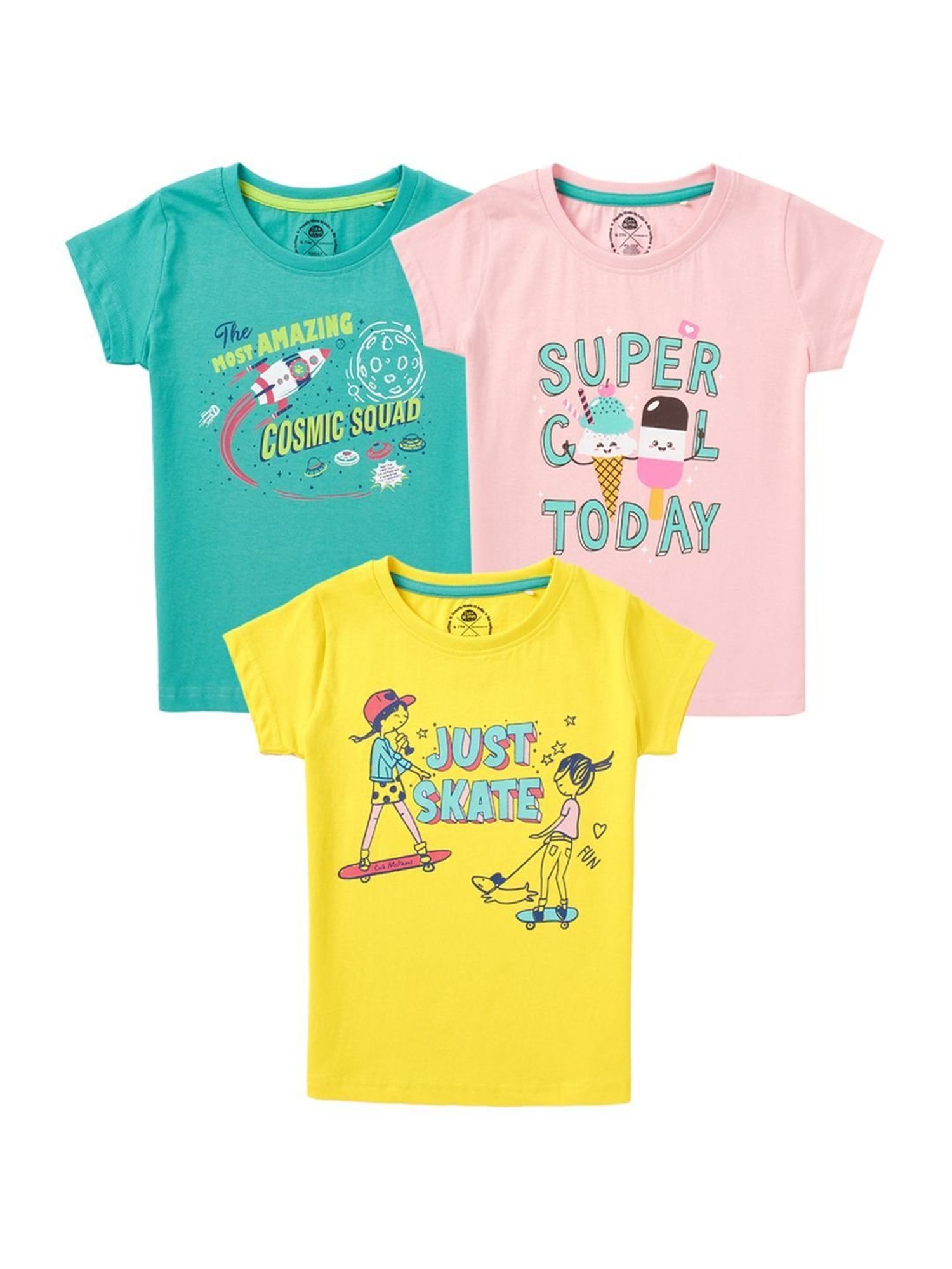Cub McPaws Kids Multicolor Cotton Printed T-Shirt (Pack of 3)