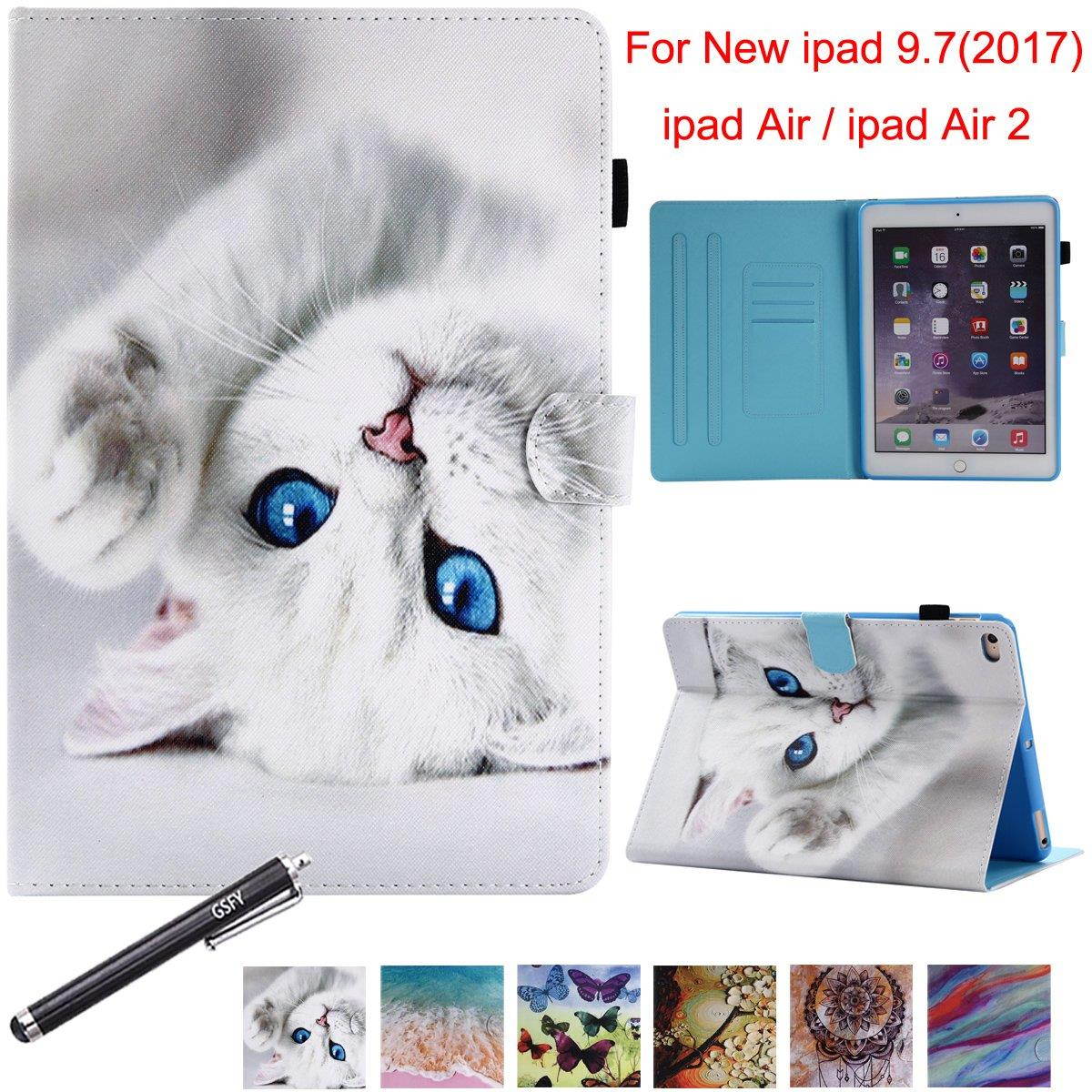 New iPad 2017 9.7, iPad Air, iPad Air 2 Case, Newshine PU Leather [Card Slots] Flip Stand Wallet Case with Auto Sleep/Wake for New Apple iPad 9.7 inch 2017/iPad Air/iPad Air 2 - Blue Eye Cat