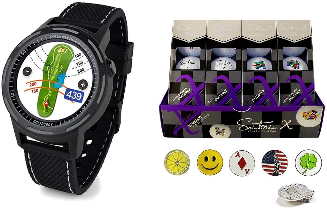 Golf Buddy aim W10 Bluetooth Wireless Golf GPS Smartwatch Bundle with 1 Dozen Saintnine Golf Balls, 5 Ball Markers and 1 Magnetic Hat Clip