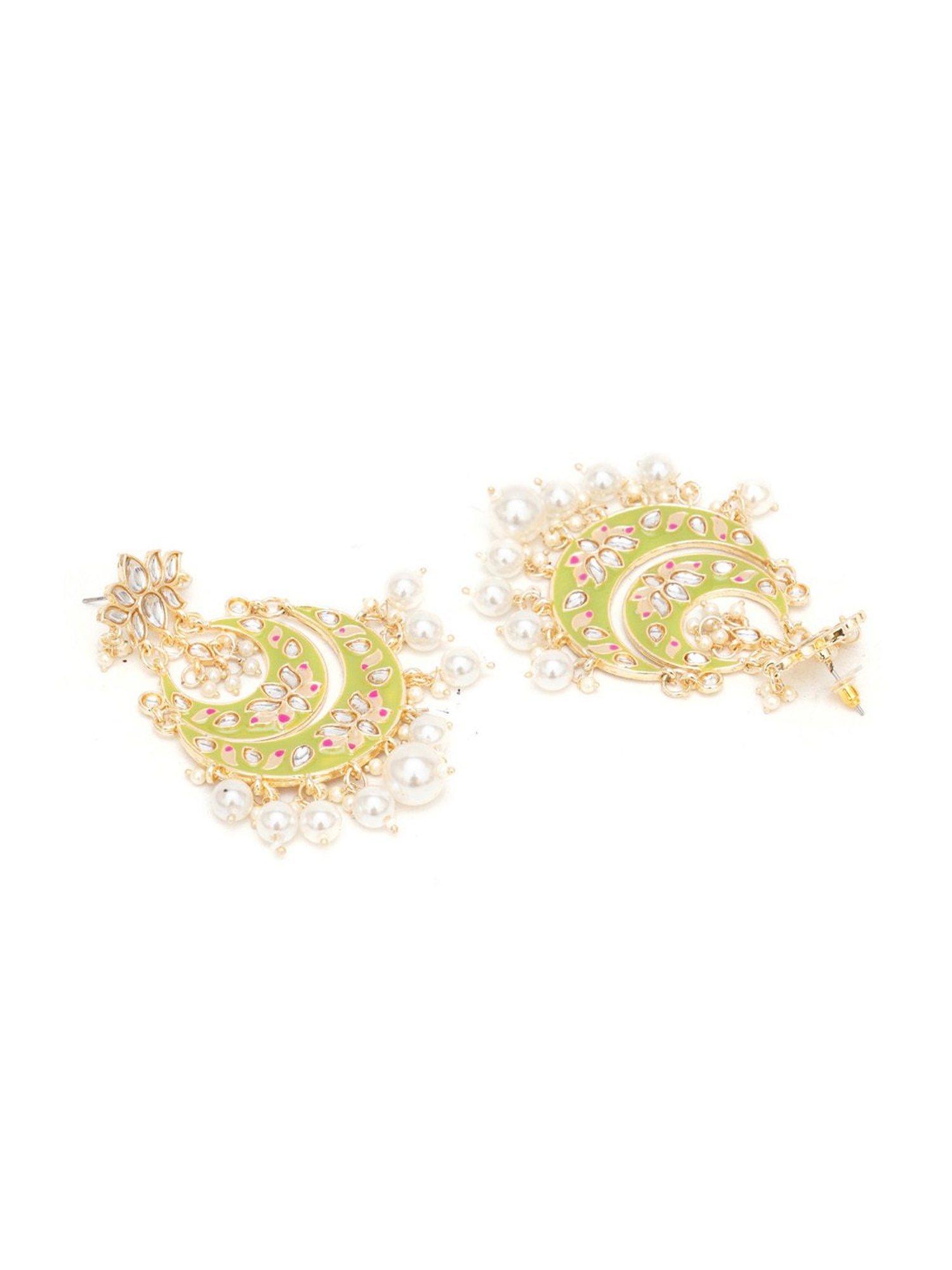 Karatcart Gold-Plated Light Green Meena Lotus Design Pearl Chand Bali Earrings