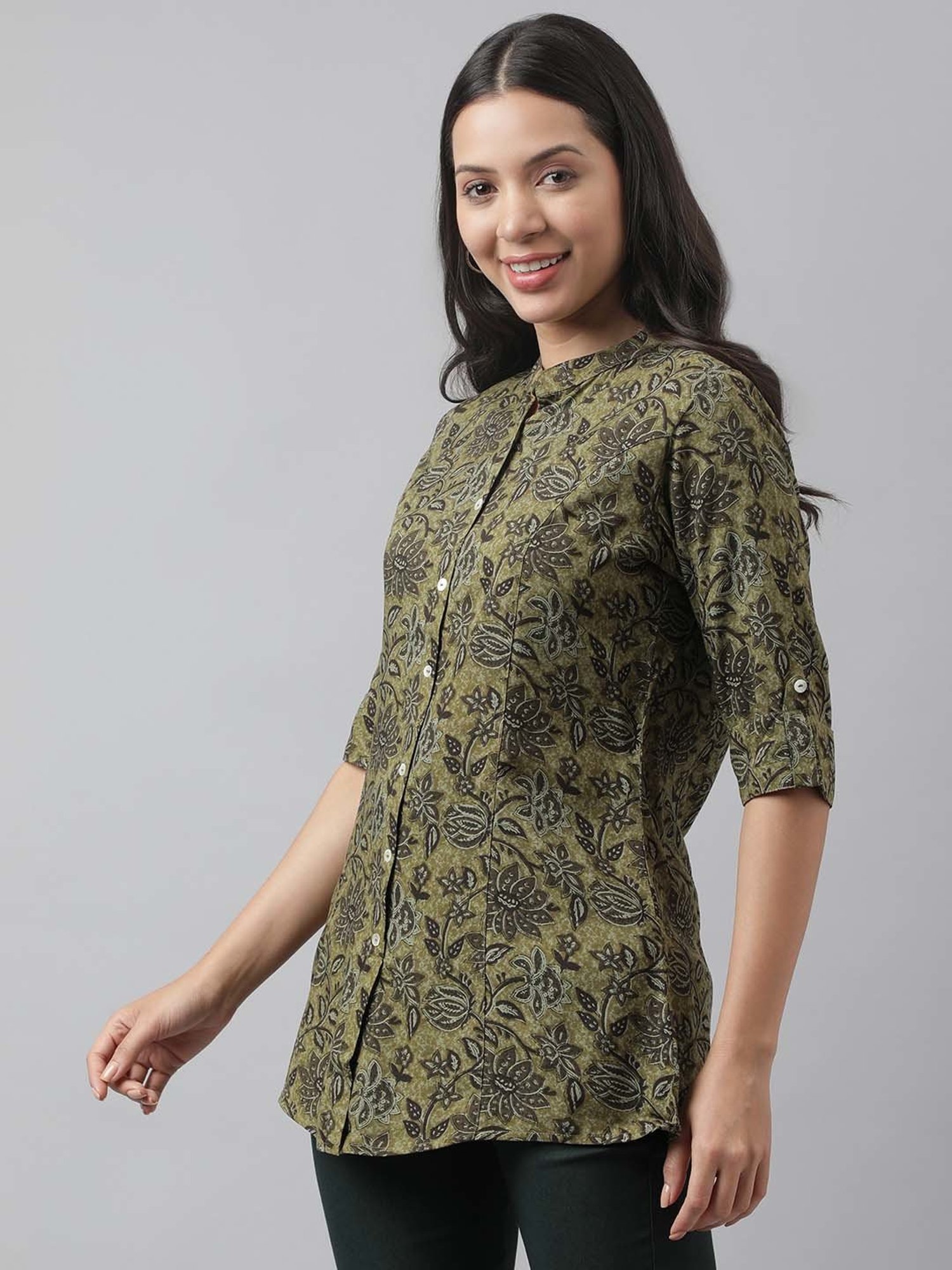 Divena Olive Green Cotton Floral Print Tunic