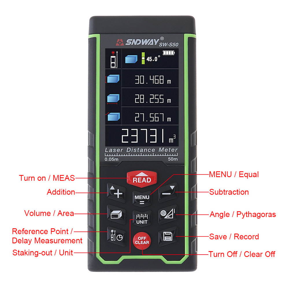 Sndway SW-S100 Laser Distance Meter 100m 328ft Digital Distance Meter 100m Laser Rangefinder Area Volume Diastimeter S100