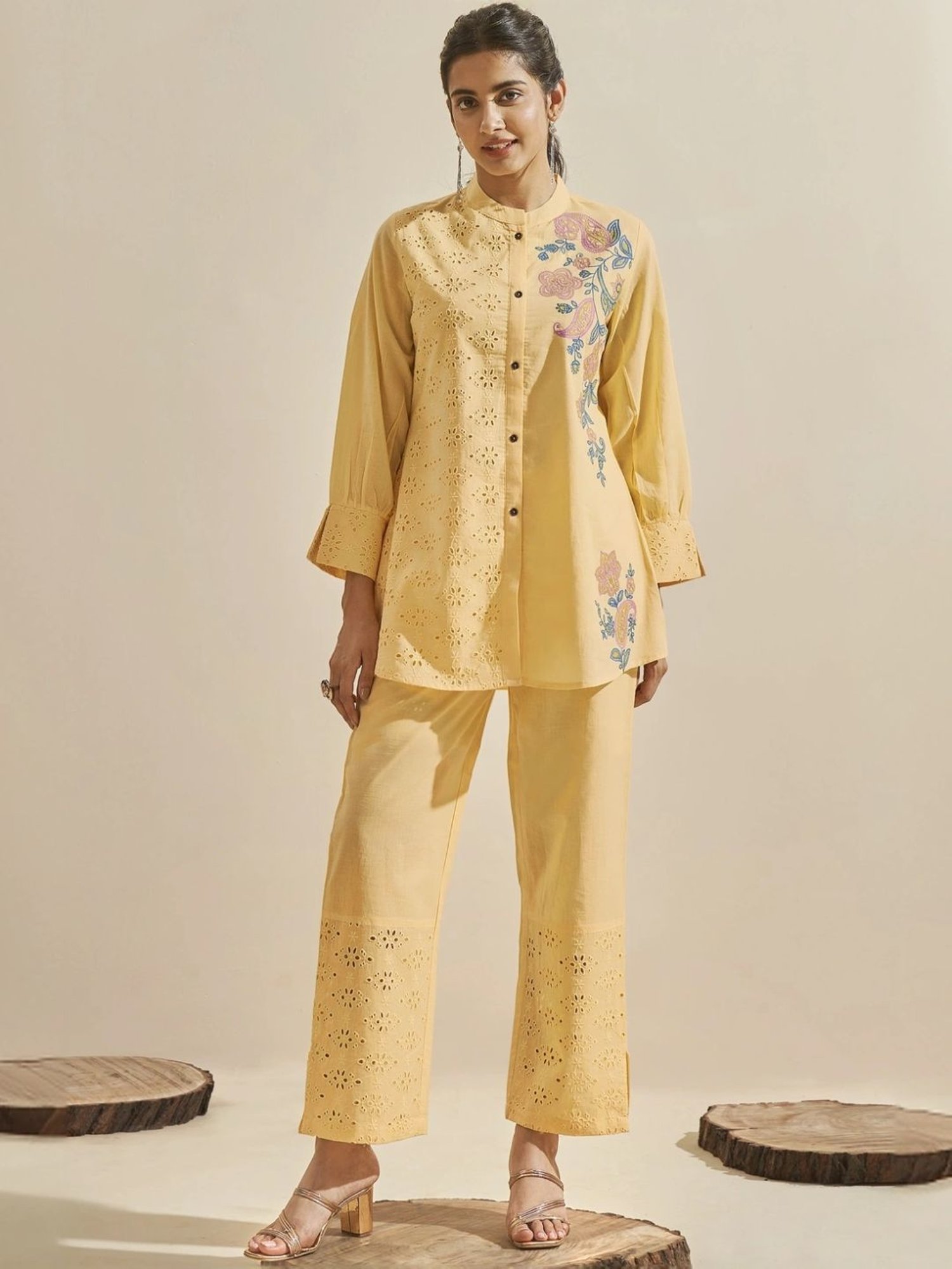 Autumnlane Yellow Cleo Lime Schiffli Cotton Shirt with Pant Co-ord Set