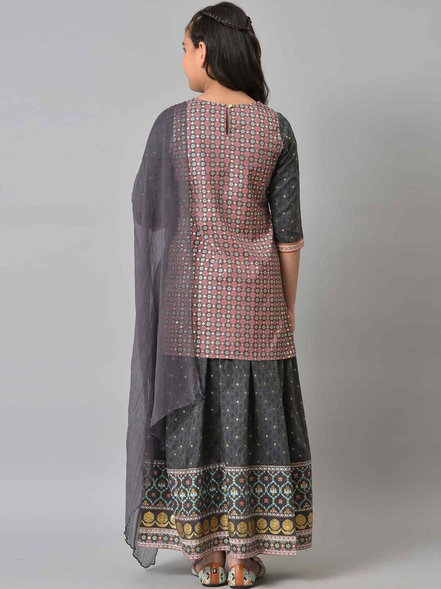 Aurelia Kids Red & Grey Floral Print Kurta Set