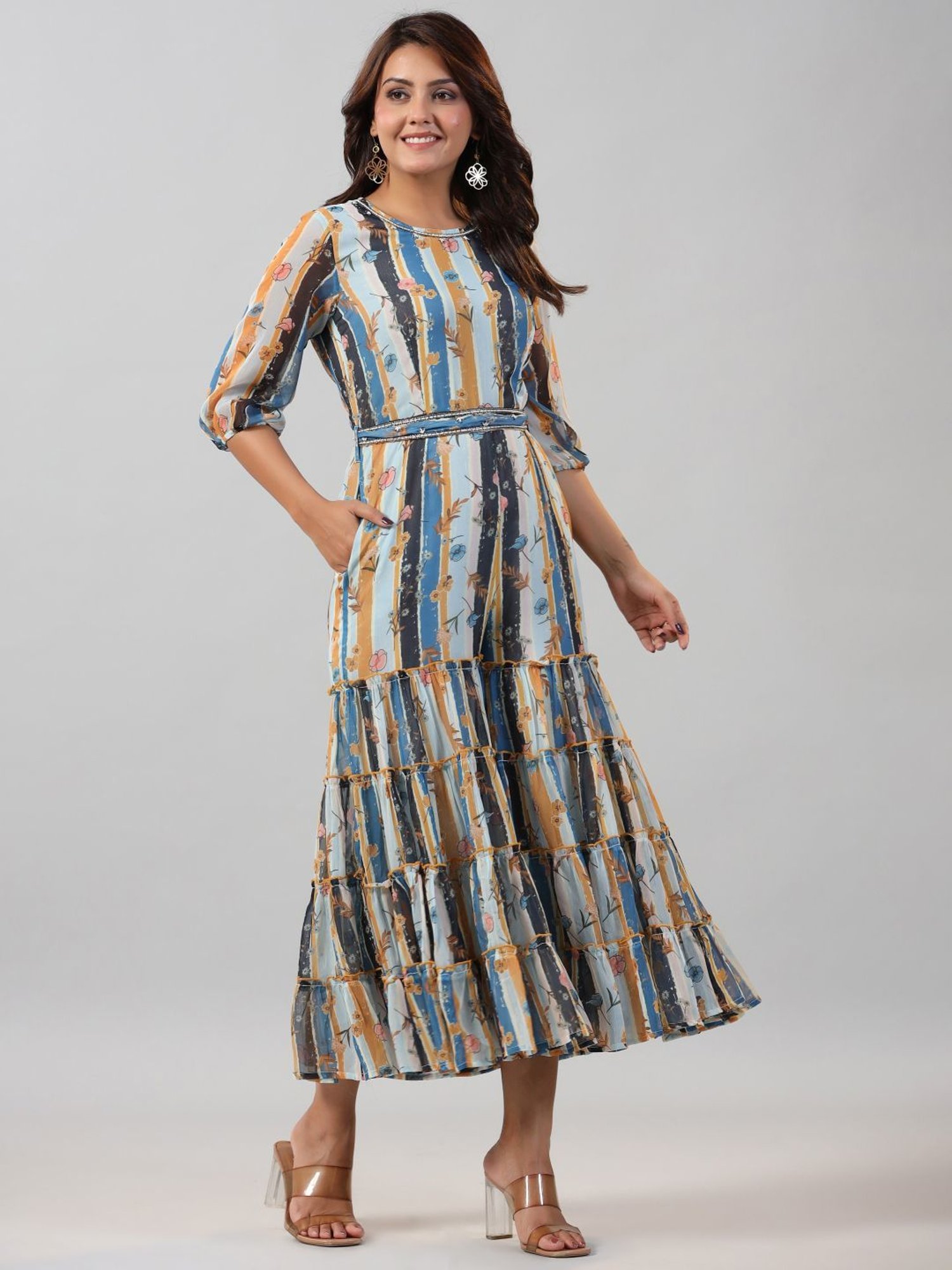 Juniper Sky blue Floral Printed Chiffon Jumpsuit With Beads & Sequins