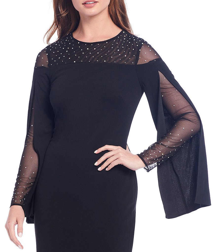 Betsy & Adam Illusion Crystal Jewel Neck Long Sleeve Stretch Sheath Dress