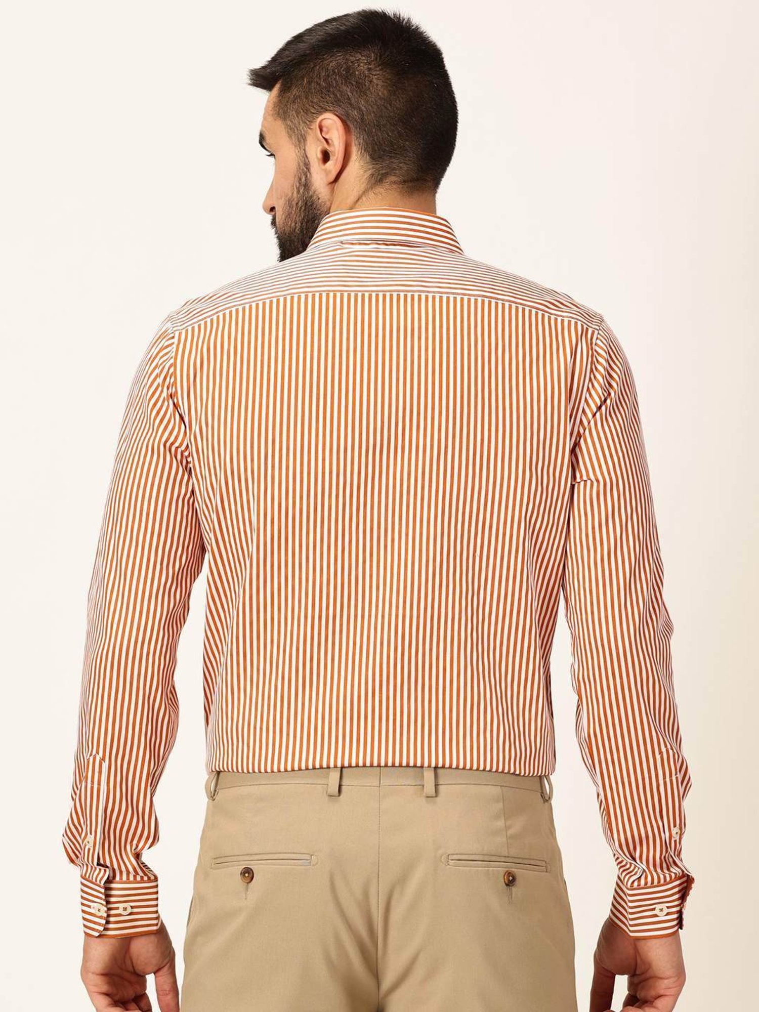 Thomas Scott Dark Orange Regular Fit Striped Shirt