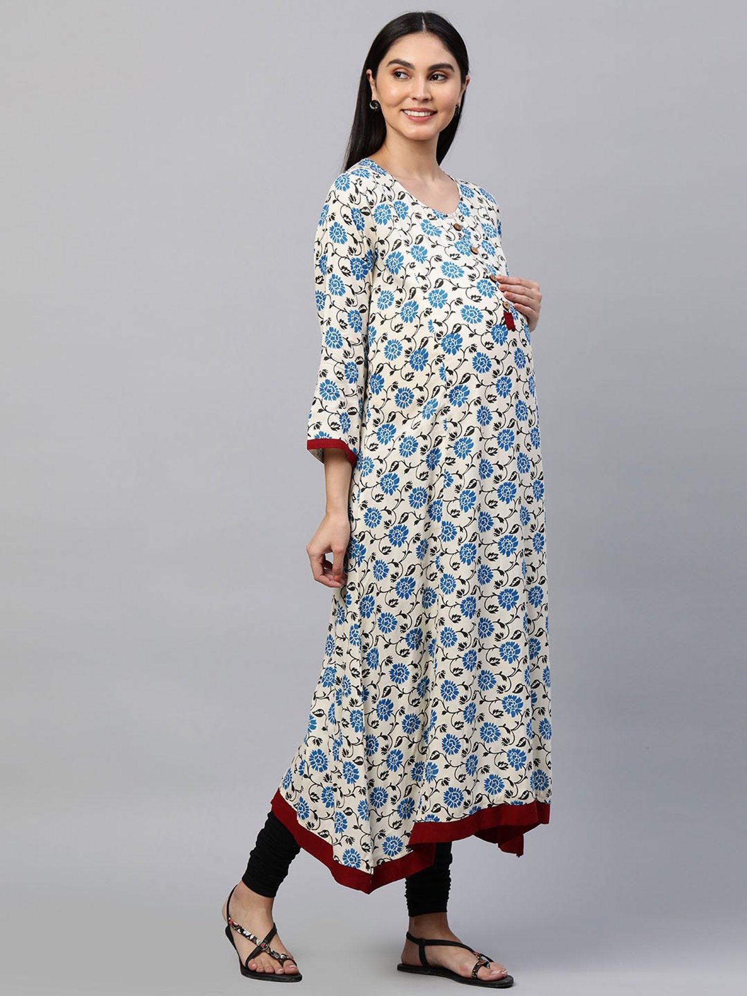 MomToBe Beige & Blue Floral Print Maternity Kurta
