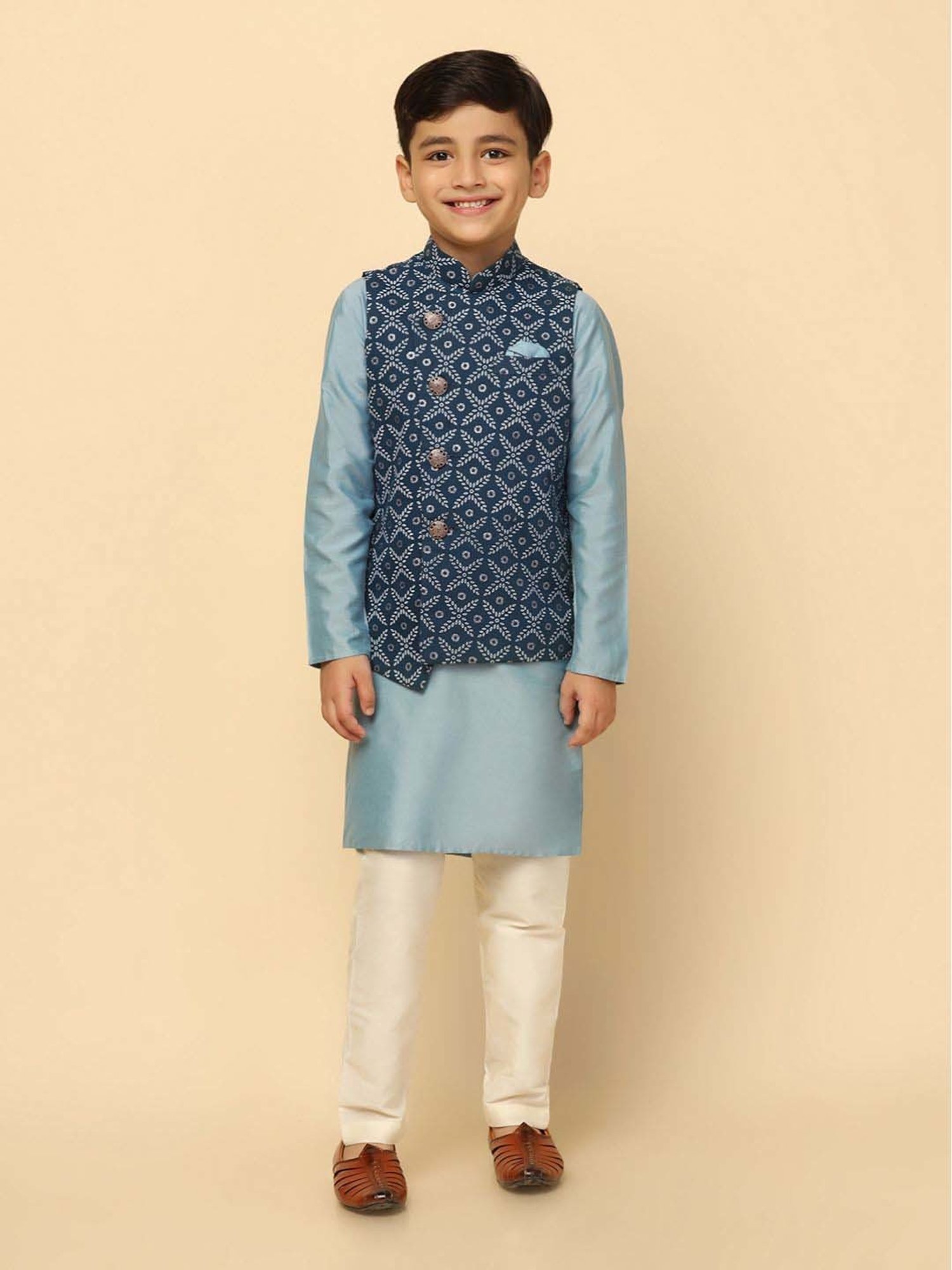 KISAH Kids Blue Printed Full Sleeves Kurta Set