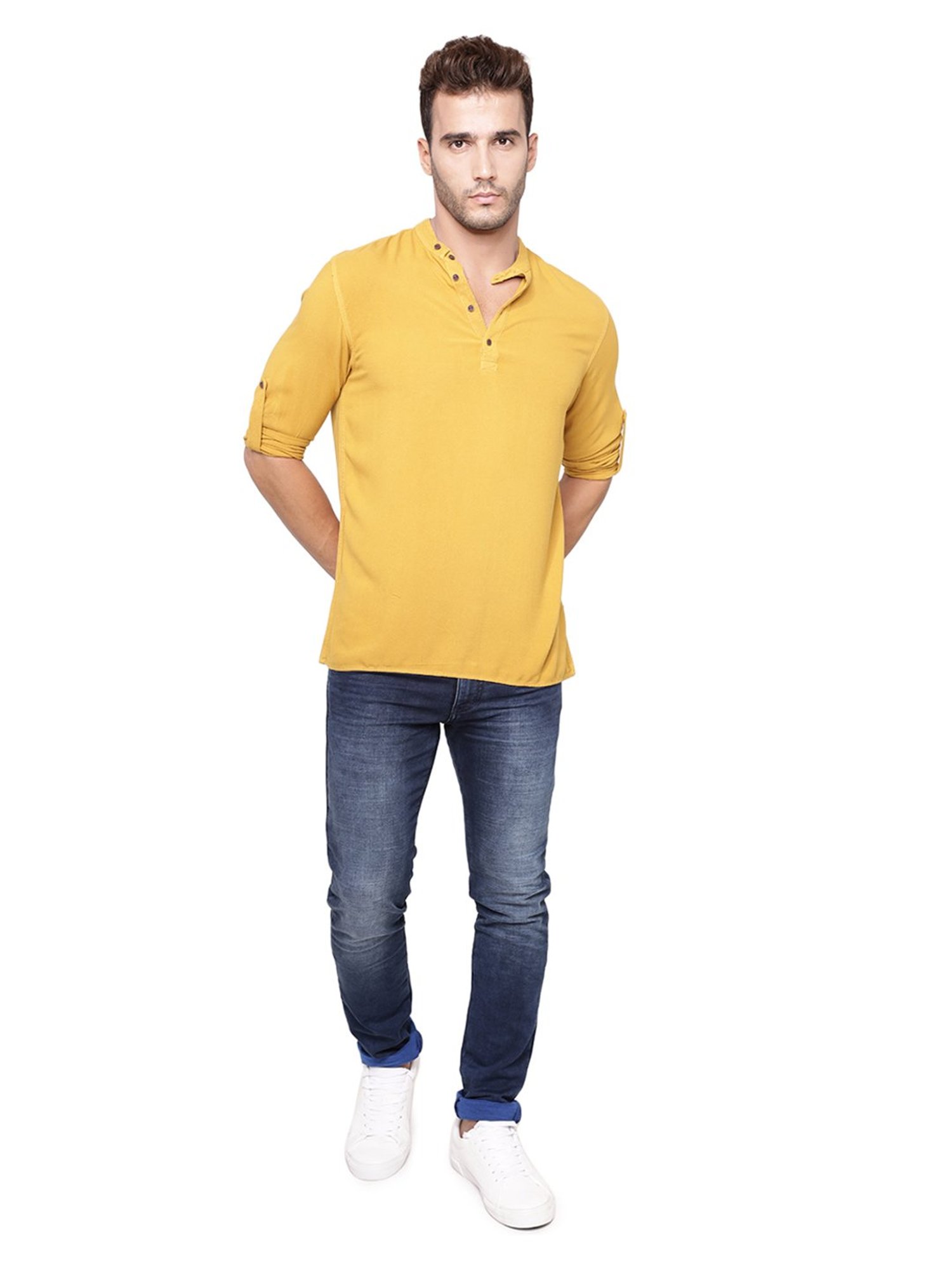 Identiti Mustard Solid Slim Fit Short Kurta