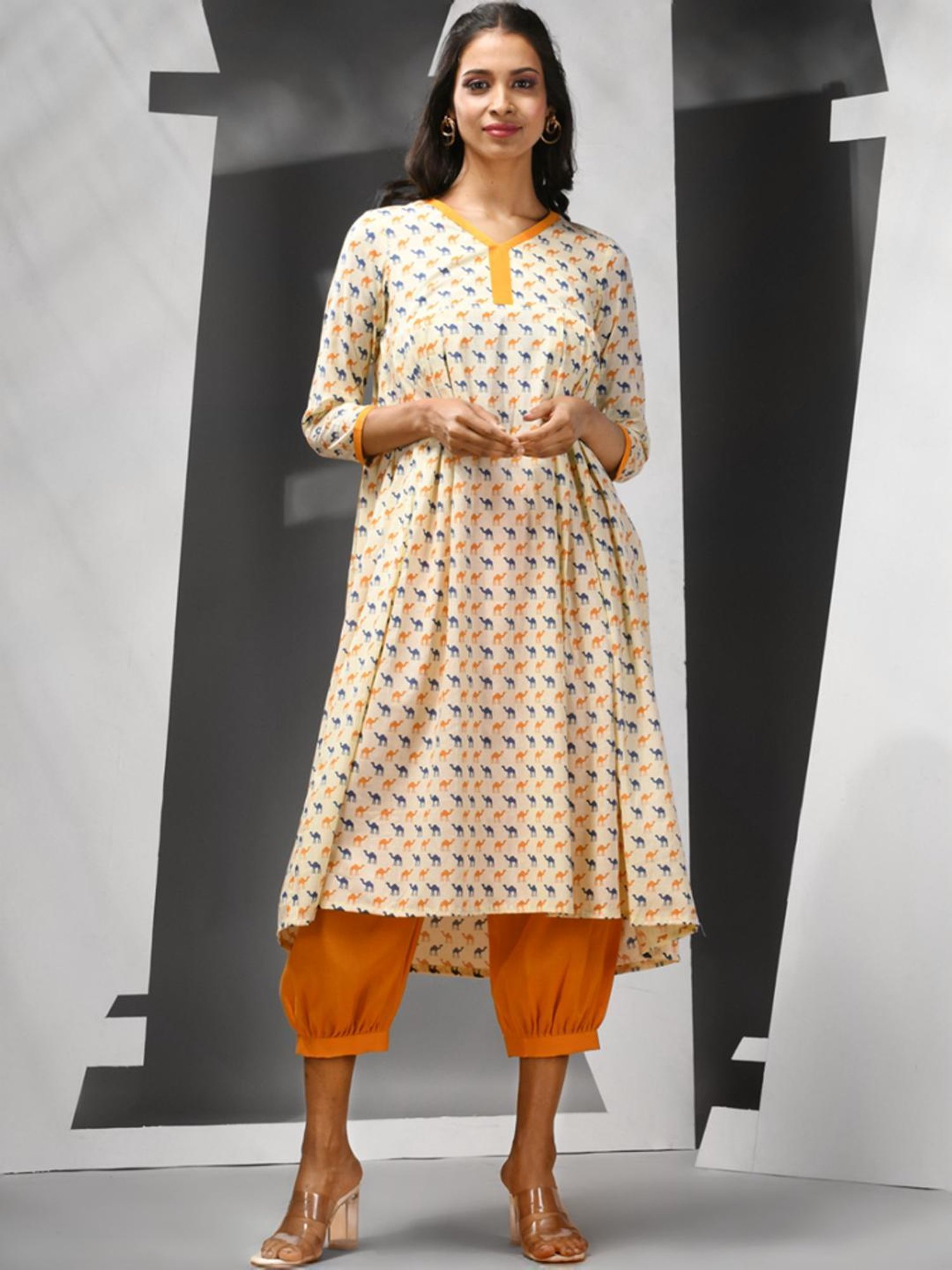 Charukriti Beige & Yellow Cotton Printed Kurta Salwaar Set