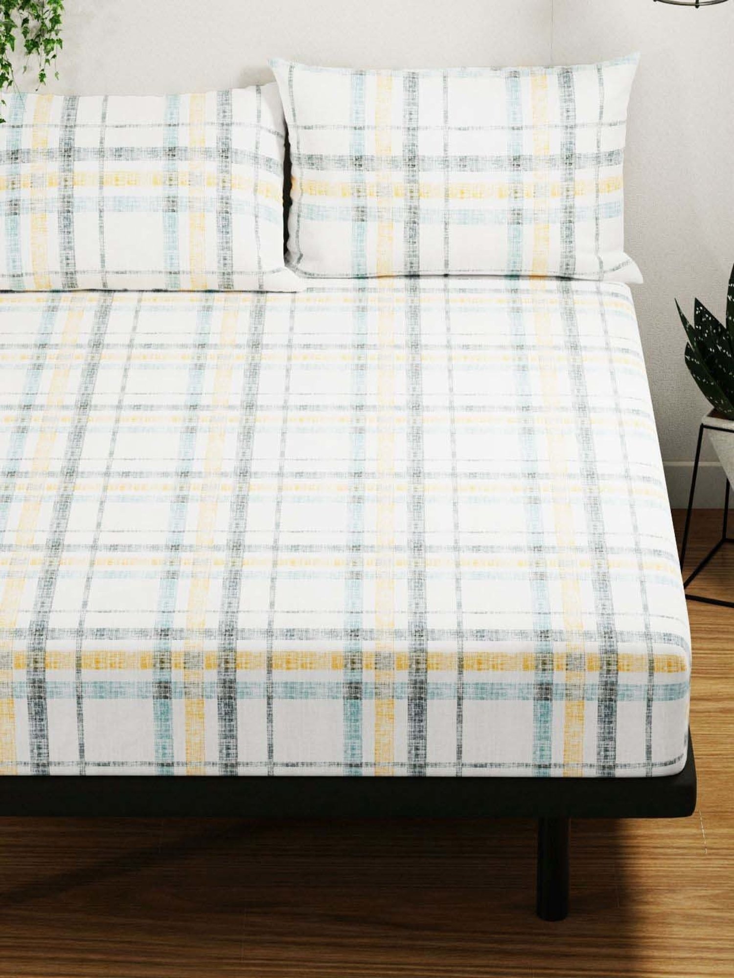 BIANCA Platinum Blue & Gold Cotton 144 TC Double Size Bed Sheet With Pillow covers