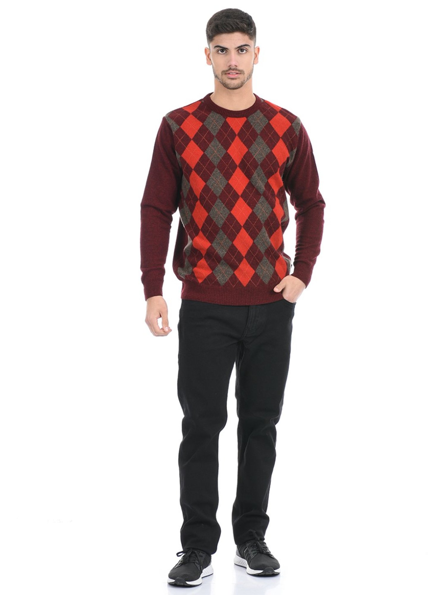 London Fog Maroon Regular Fit Argyle Sweater