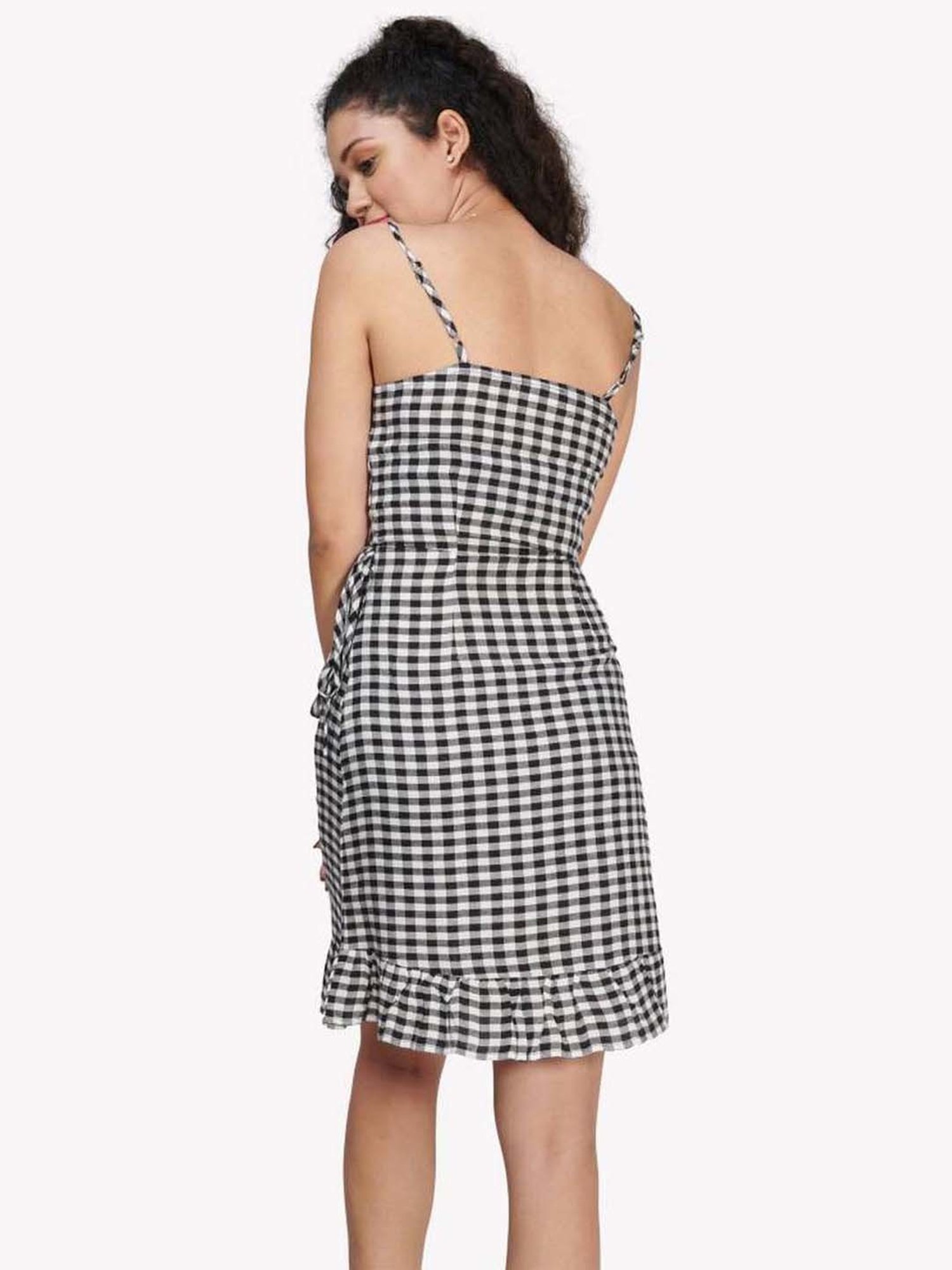 VASTRADO Black Cotton Chequered A-Line Wrap Dress
