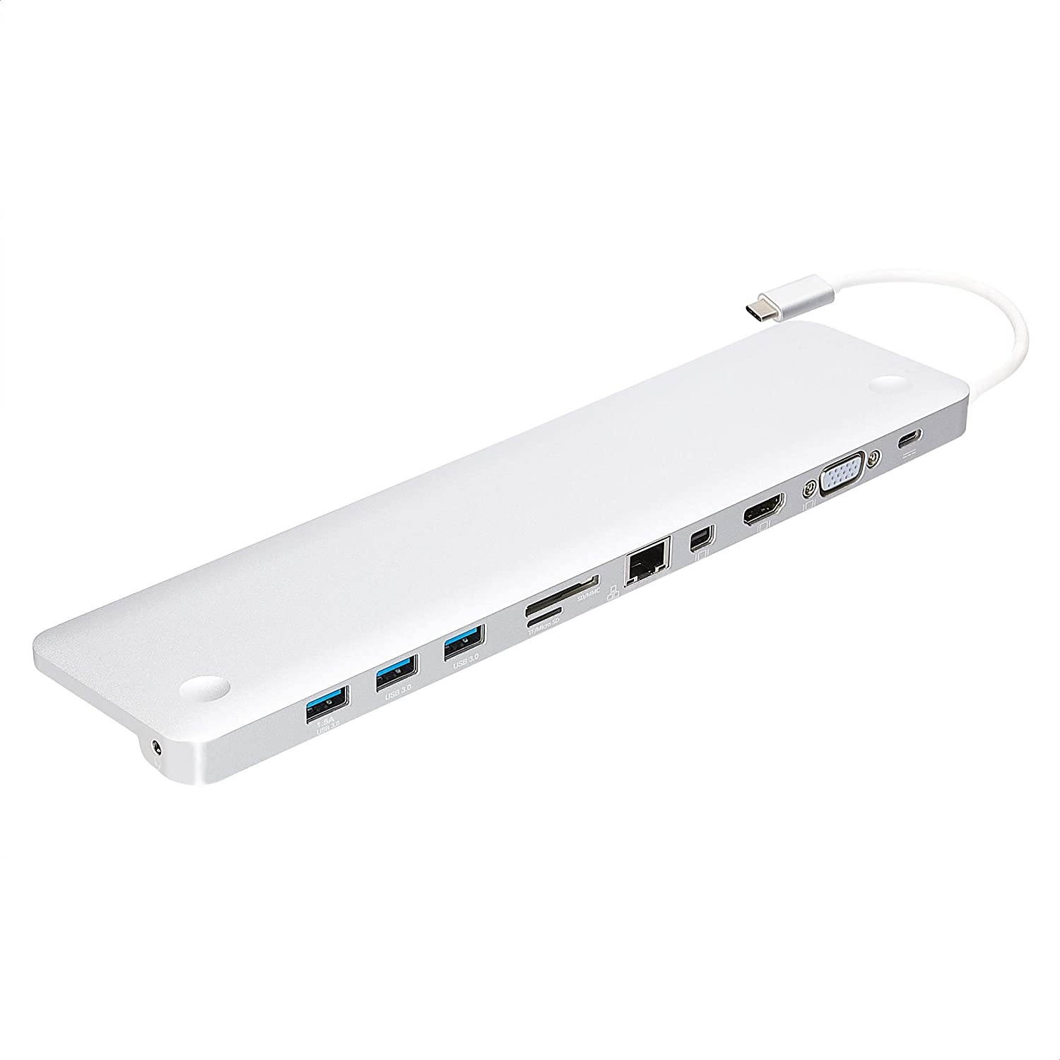 Amazon Basics Aluminum Type-C Docking with Mini DisplayPort, HDMI, VGA, 3 USB-A, Ethernet, SD/TF Card Reader, Audio, and Type-C Charging Port (PD 100W) - Pedestal, Silver