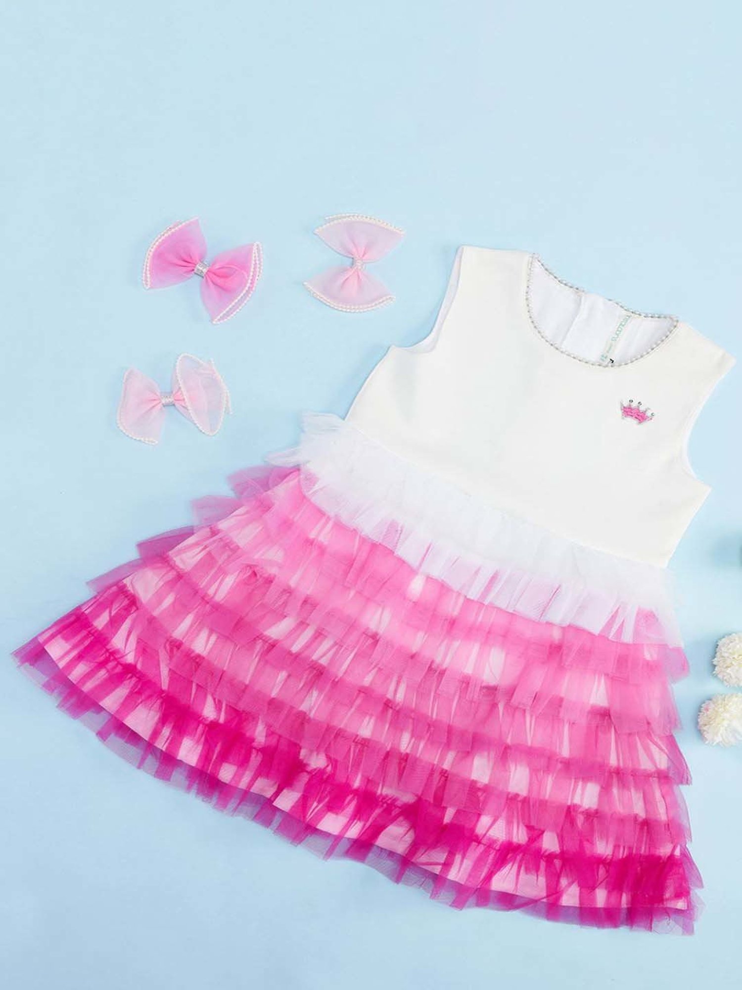 Pantaloons Junior Kids White & Fuchsia Pink Cotton Color Block Dress