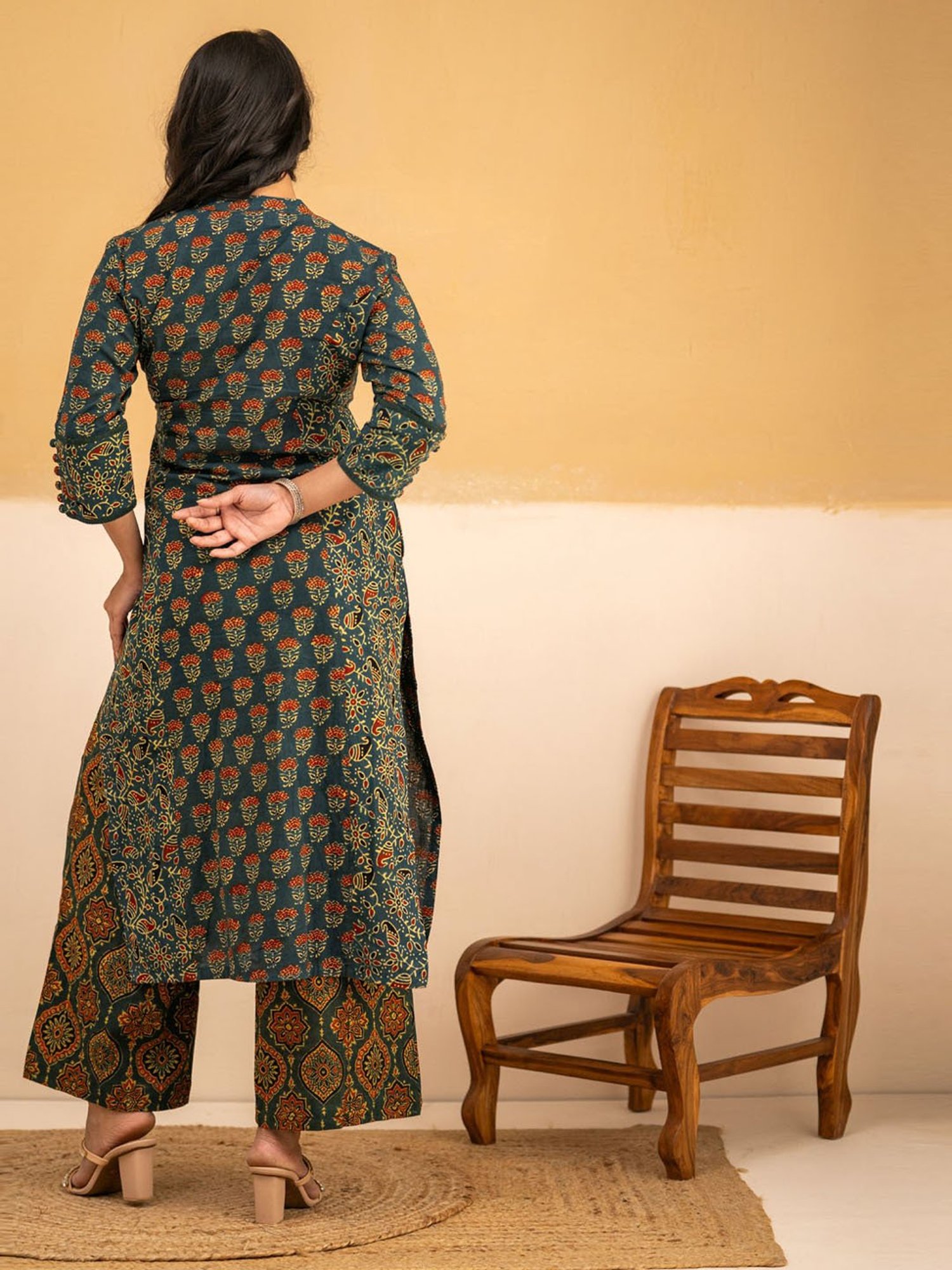 Love Chic Ajrakh Straight Kurta with Cowrie shells