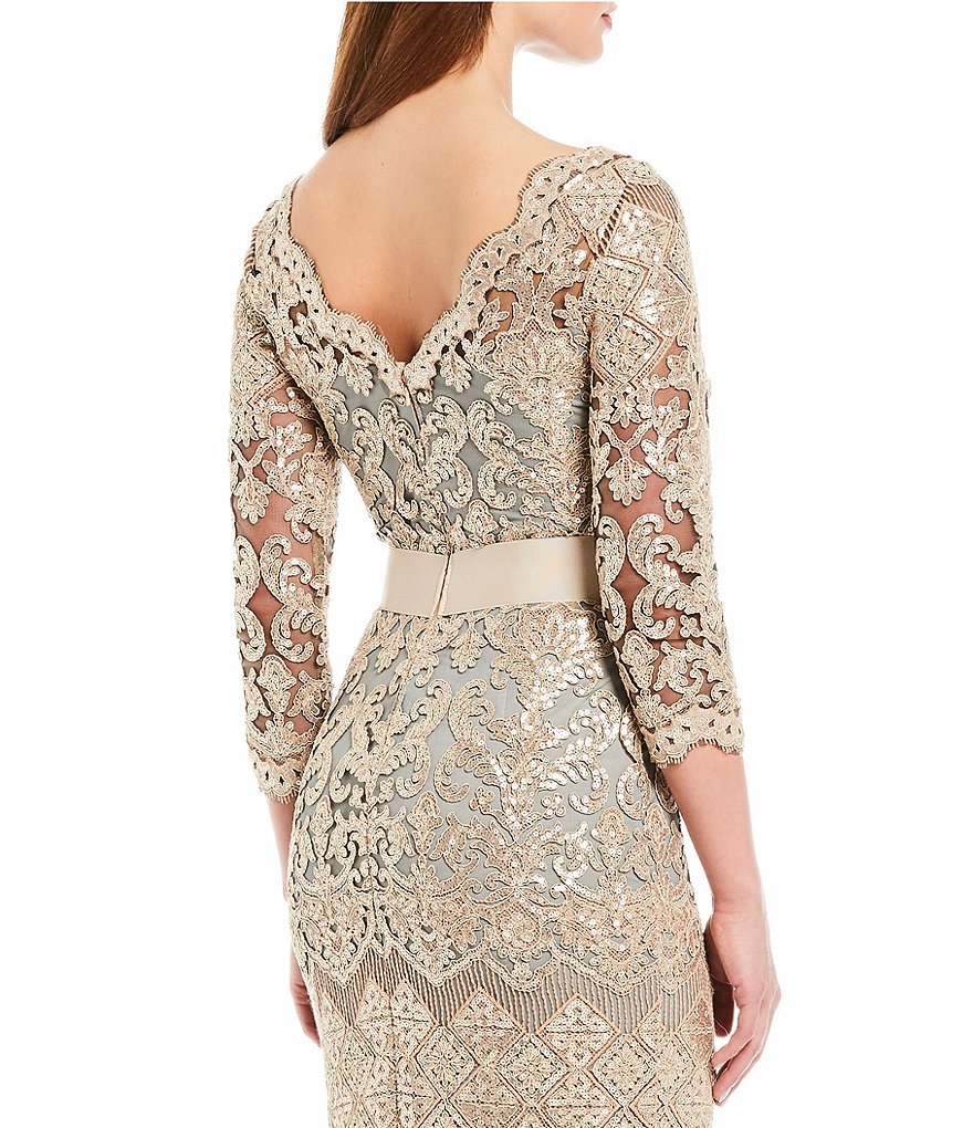 Tadashi Shoji Boat Neck Sequin Lace Illusion Ribbon Belt Gown