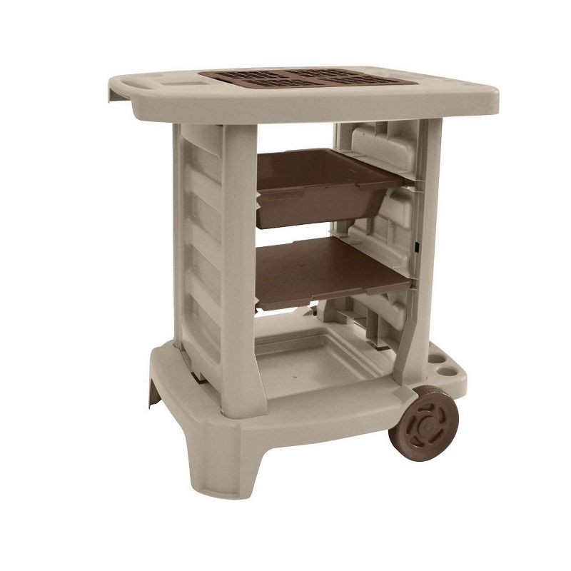 Suncast GC1500BT Portable Outdoor Resin Garden Center Station Utility Tool Cart on Wheels for Gardening Accessories and Equipment, Taupe