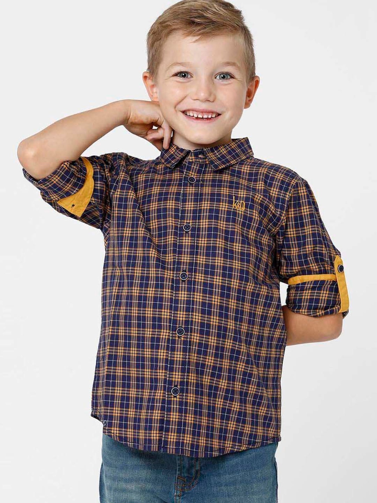 Kate & Oscar Kids Navy & Yellow Cotton Chequered Full Sleeves Shirt