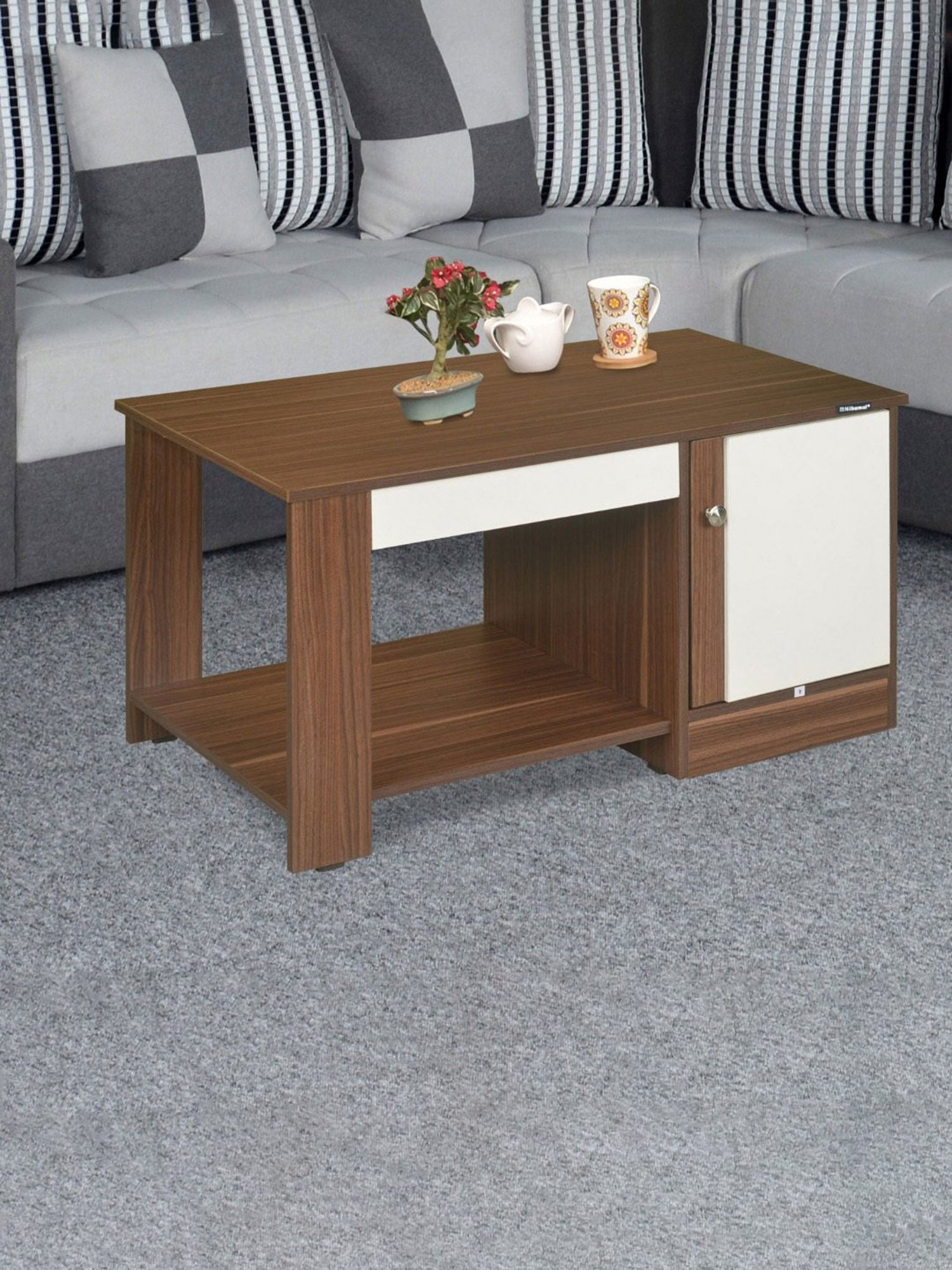 Nilkamal Hope Brown & White Engineered Wood Coffee Table with Shelf & Cabinet Storage