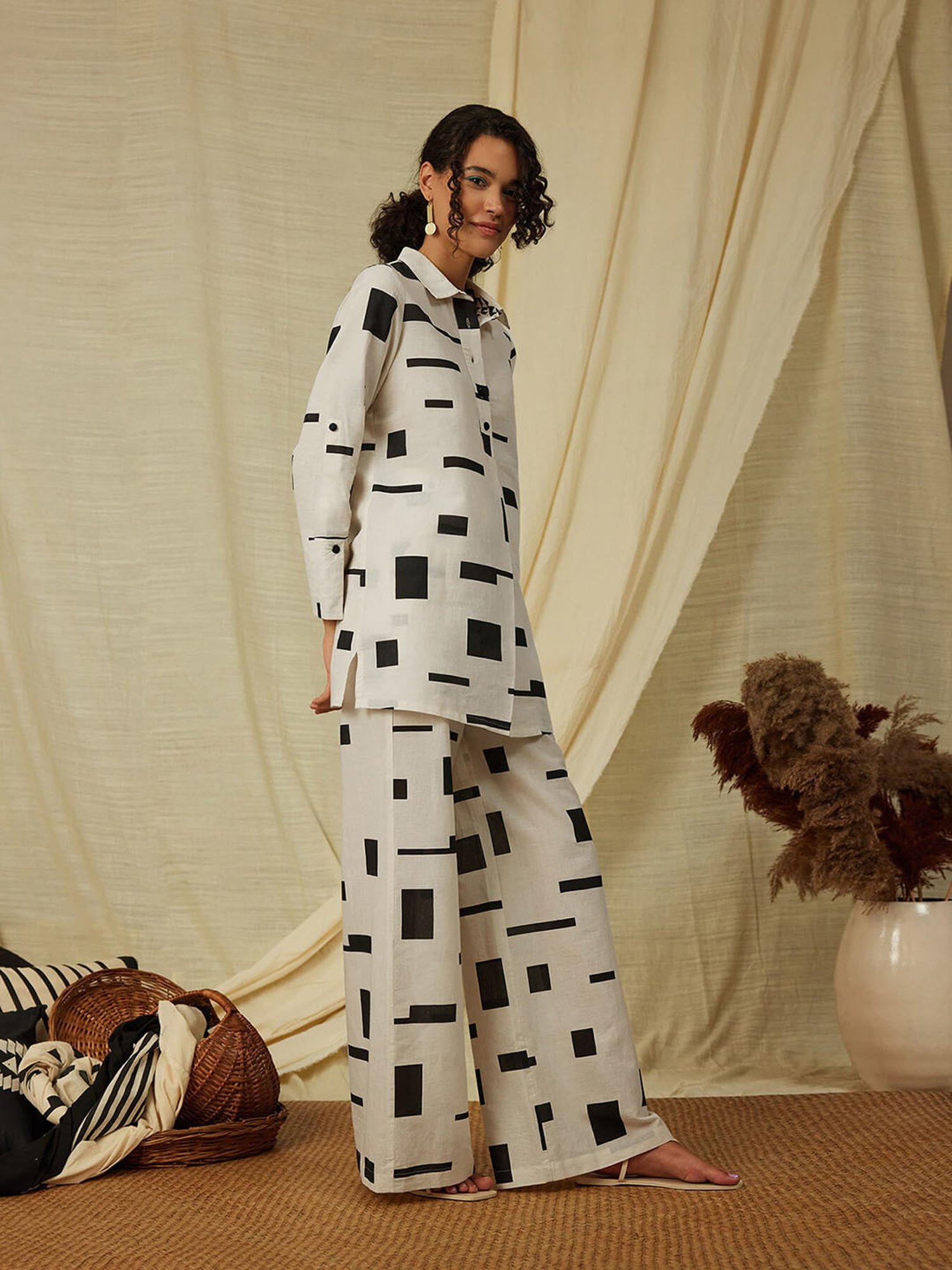 Pink Fort Black & Cream Cotton Printed Shirt With Trousers