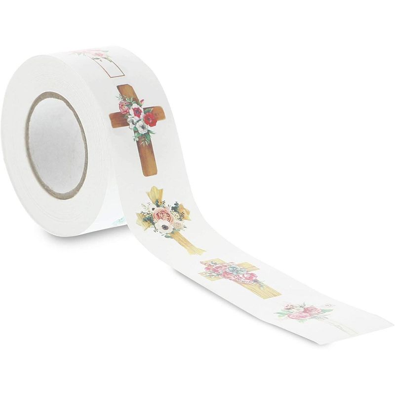 500-Count Christian Stickers, 1 Roll of Floral Cross Labels for Christening Baptism Parties