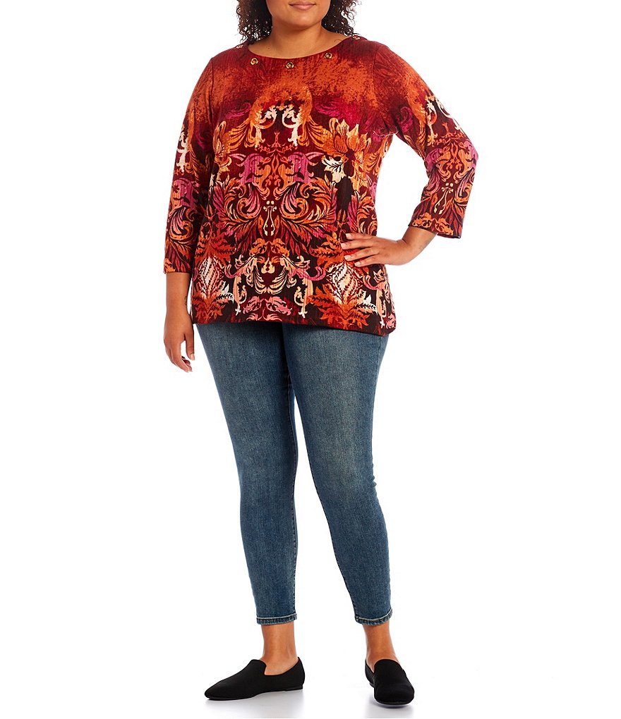 Ali Miles Plus Size Abstract Print French Terry Knit Grommet Embellished Round Neck 3/4 Sleeve Tunic