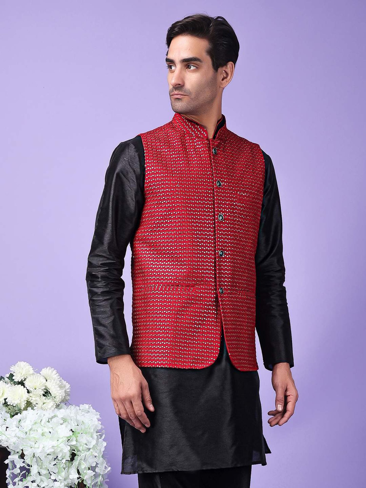 Hangup Maroon Regular Fit Embellished Nehru Jacket