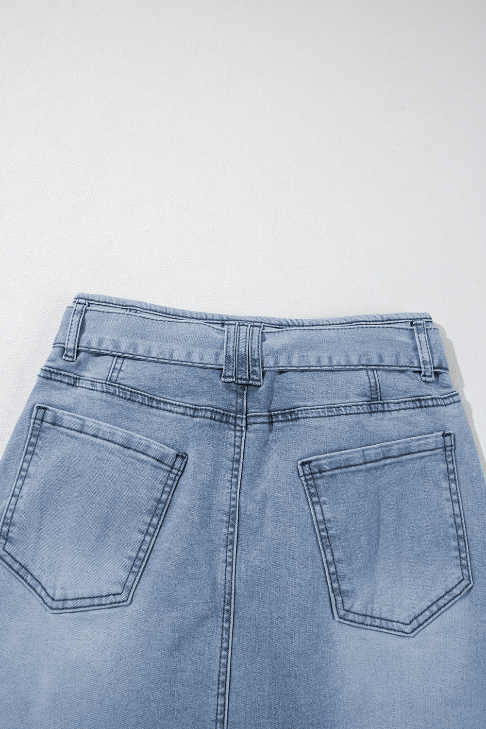 Dusk Blue Light Washed Belted High Waist Denim Skirt