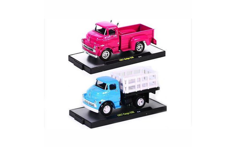 Auto Trucks 1957 Dodge 700 COE Pink & Blue 2 Cars Set Release 21D WITH CASES 1/64 Diecast Model Cars by M2 Machines
