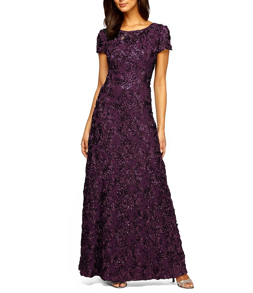 Alex Evenings Sequined-Lace Rosette-Rose Gown