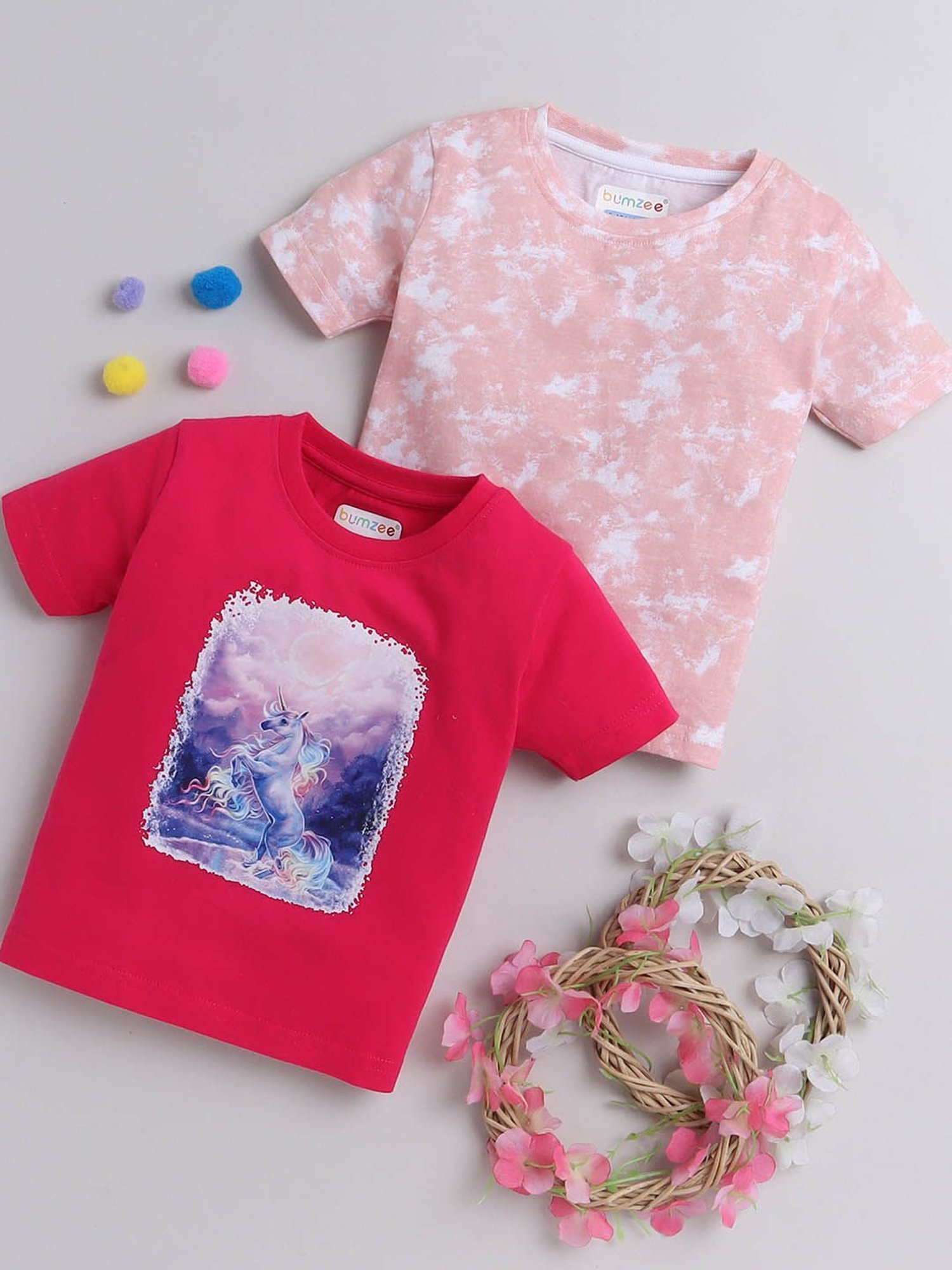 Bumzee Kids Peach & Pink Printed T-Shirts (Pack Of 2)