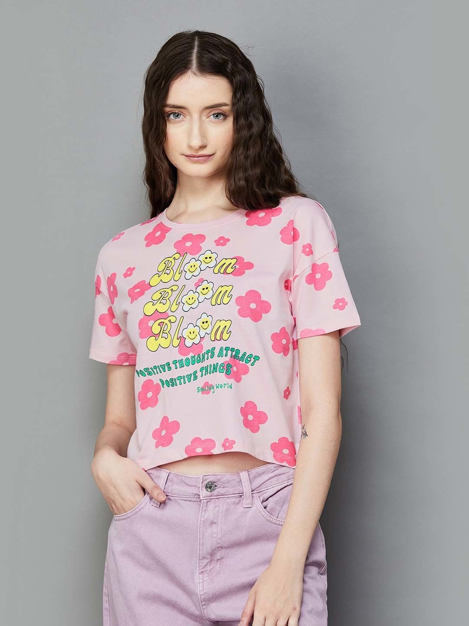 SmileyWorld Pink Cotton Printed T-Shirt