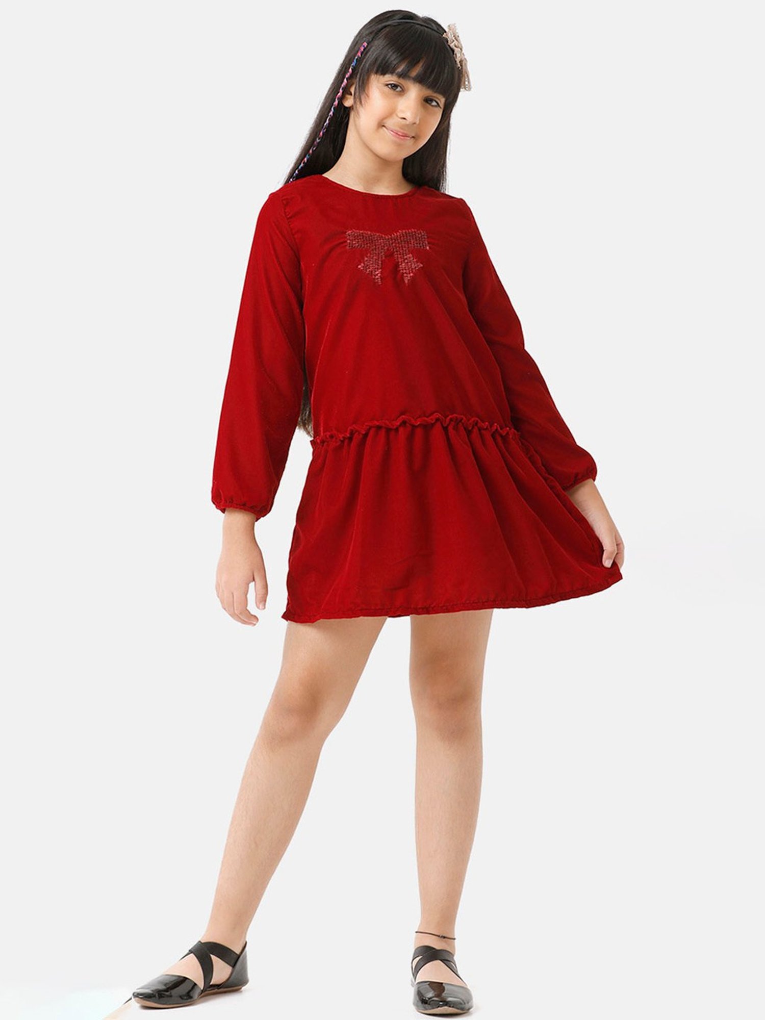 Under Fourteen Only Kids Maroon Embellished Full Sleeves Dress