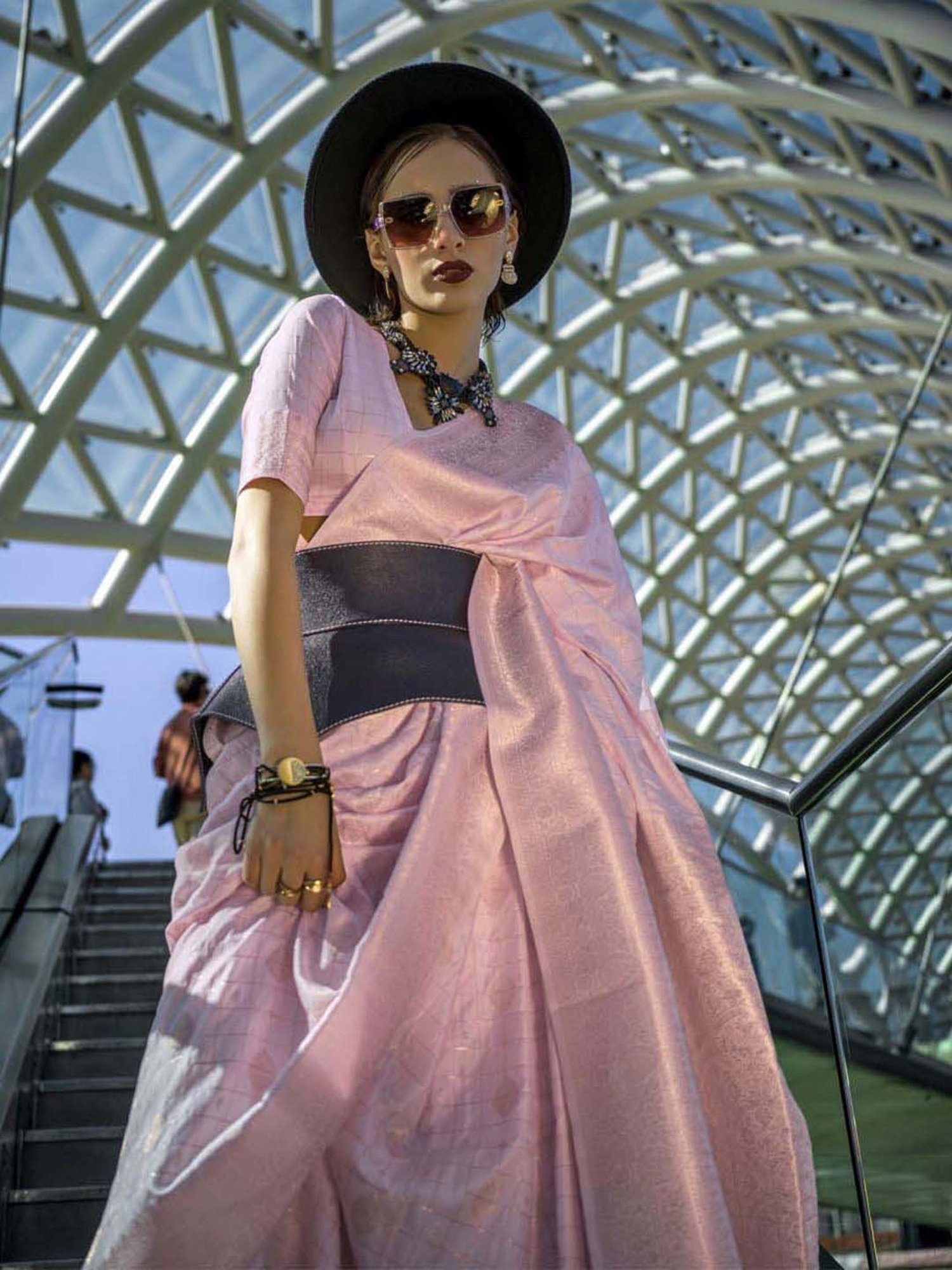 Elora Pink Silk Woven Saree With Unstitched Blouse