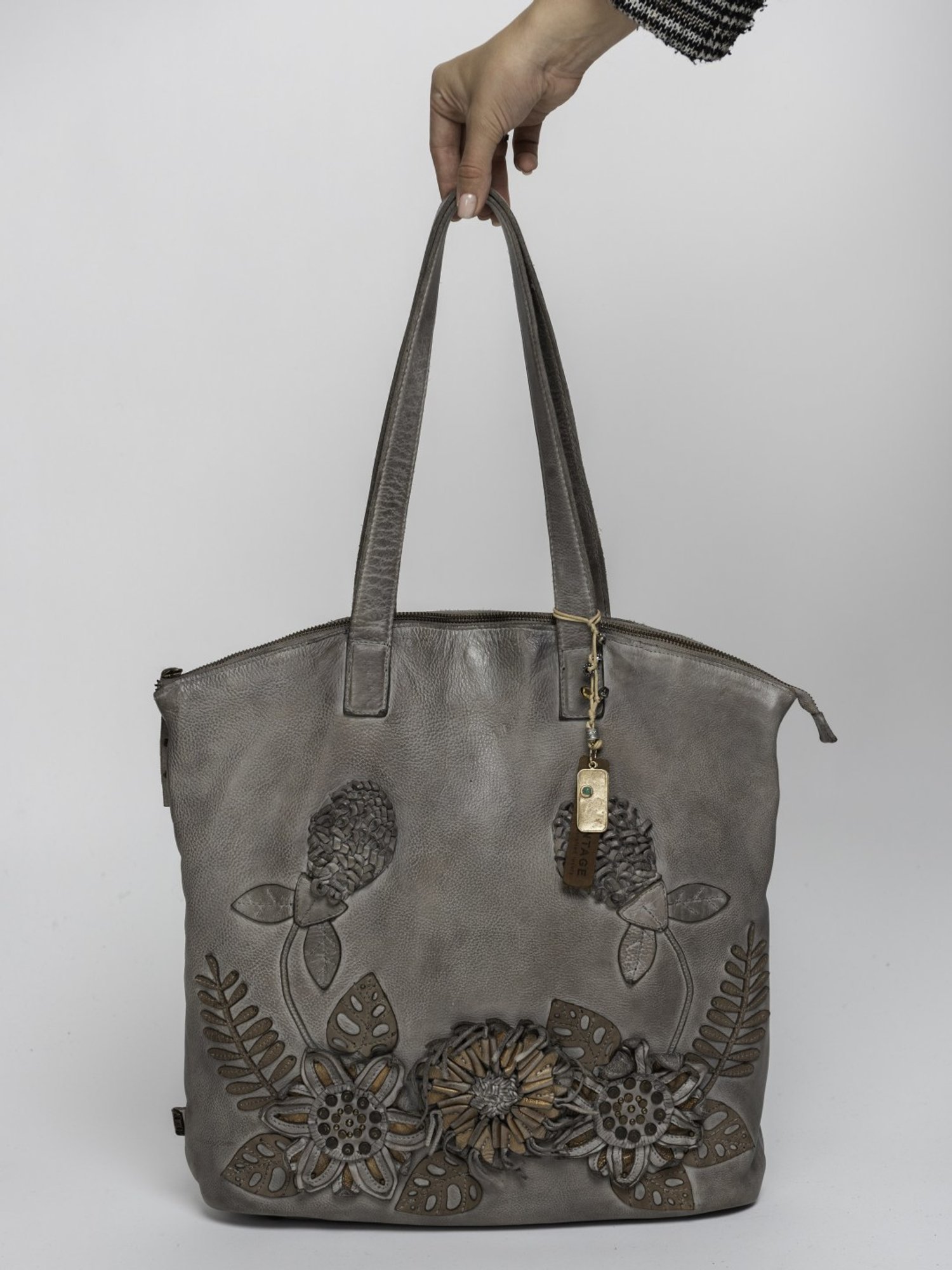 Art N Vintage Peonia Grey Leather Textured Medium Tote Handbag