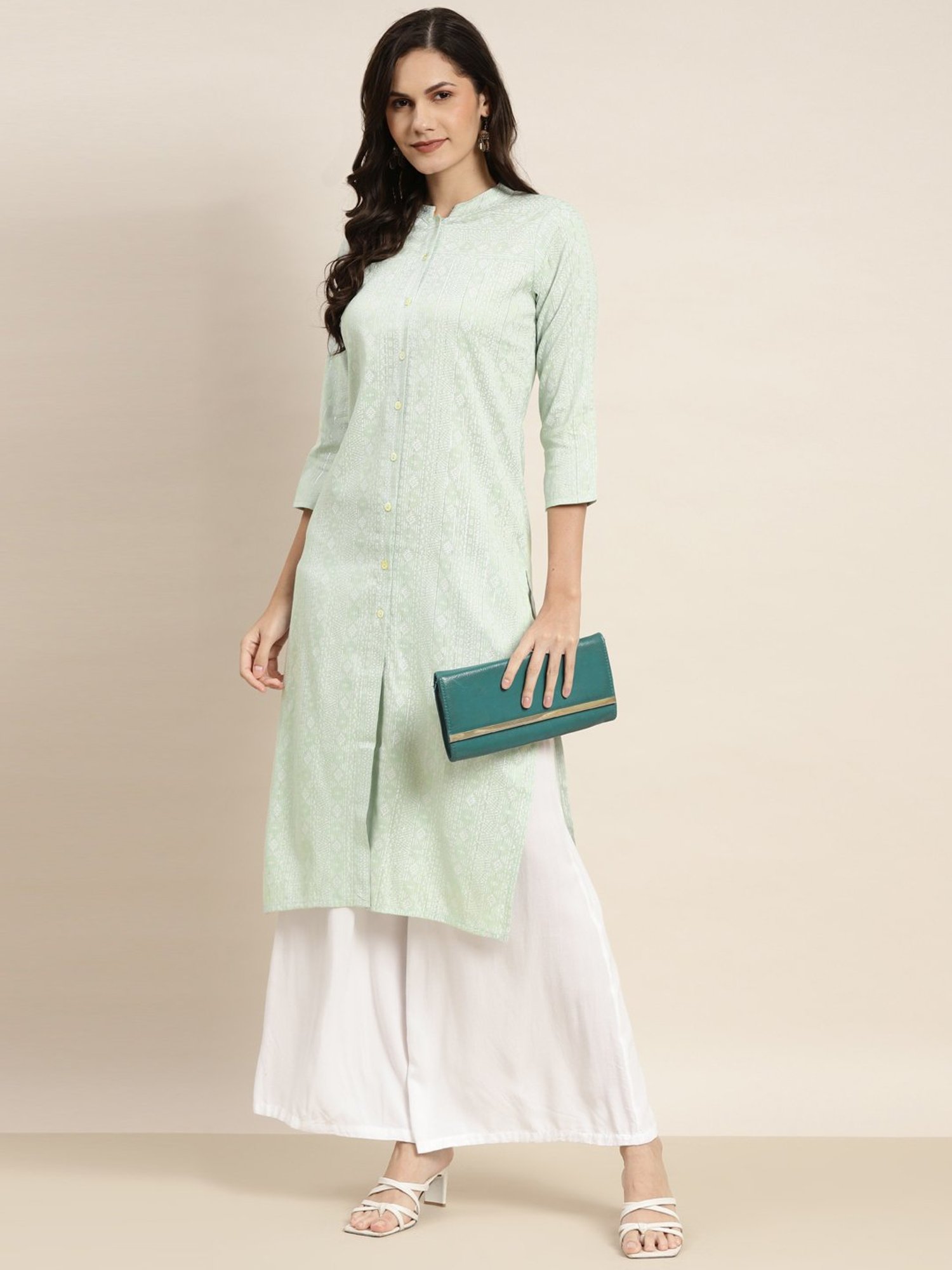 Jompers Green Cotton Striped Straight Kurta