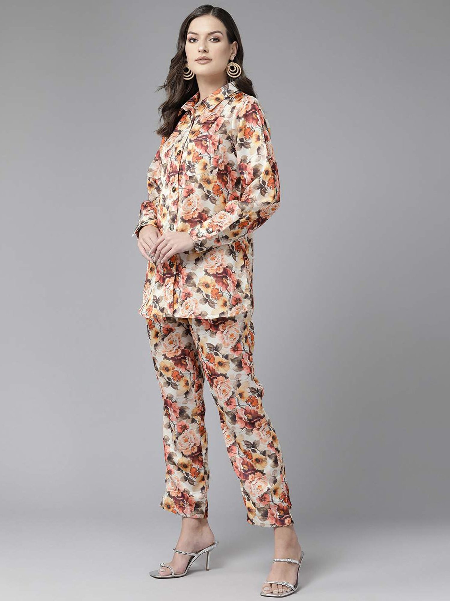 Aarika Beige Floral Print Shirt Pant Set