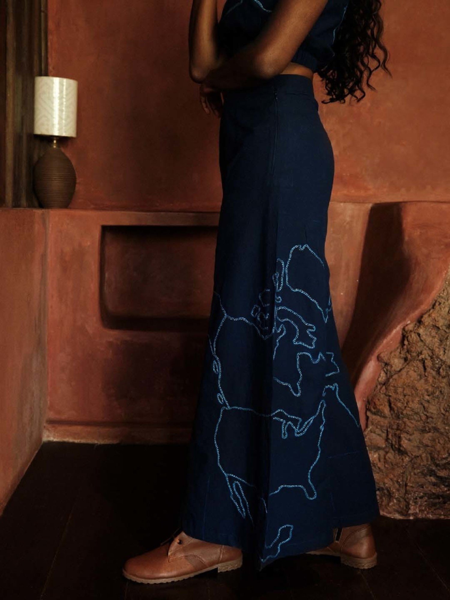 Okhai Excursion Navy Pure Cotton Hand Embroidered Flared Pants