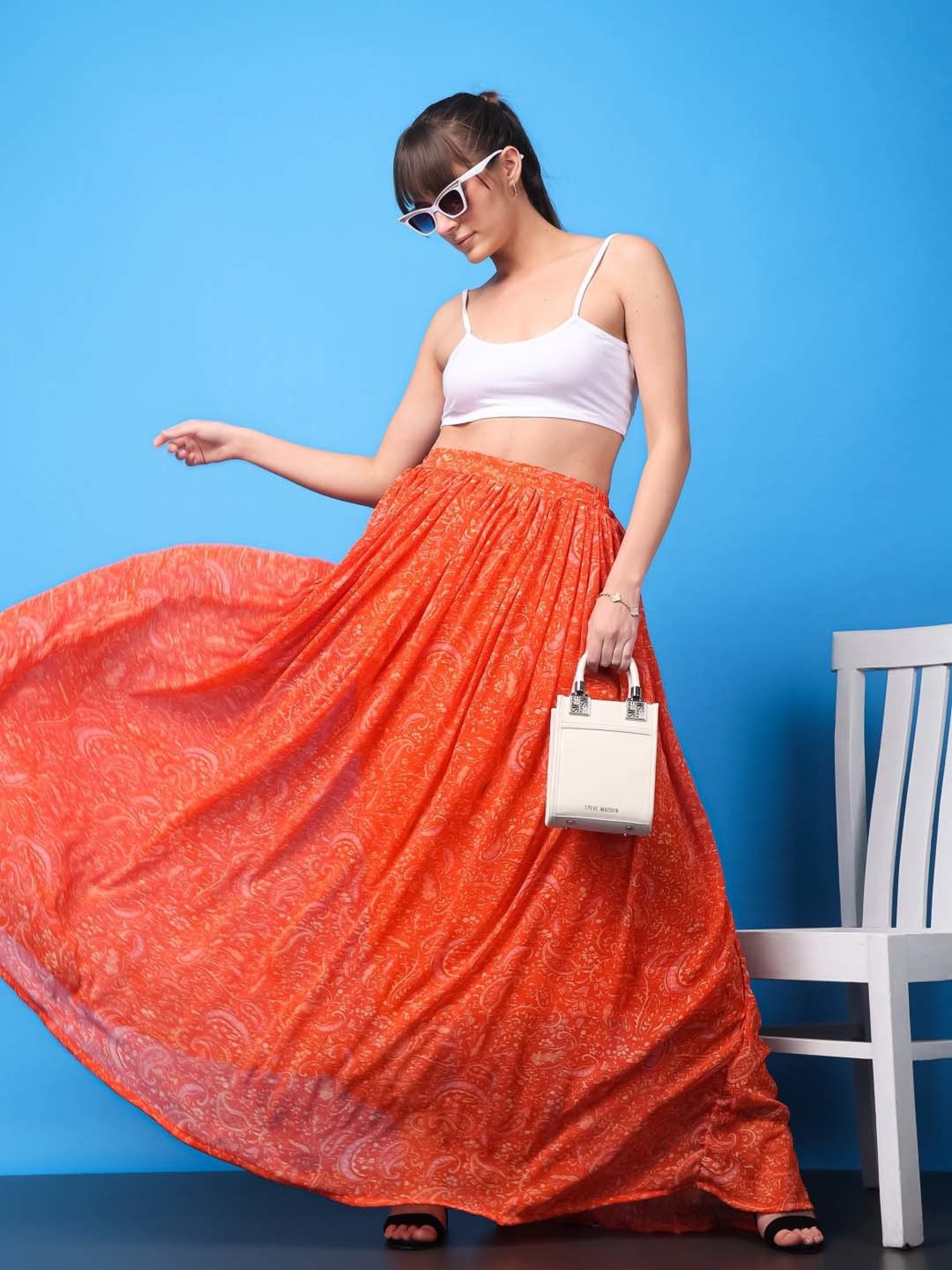 Belle Fille Sky Blue & Beige Printed Skirt