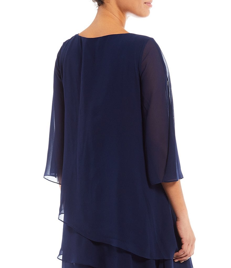 Marina Split 3/4 Sleeve Round Beaded Keyhole Neck Asymmetrical Tiered Chiffon Shift Dress