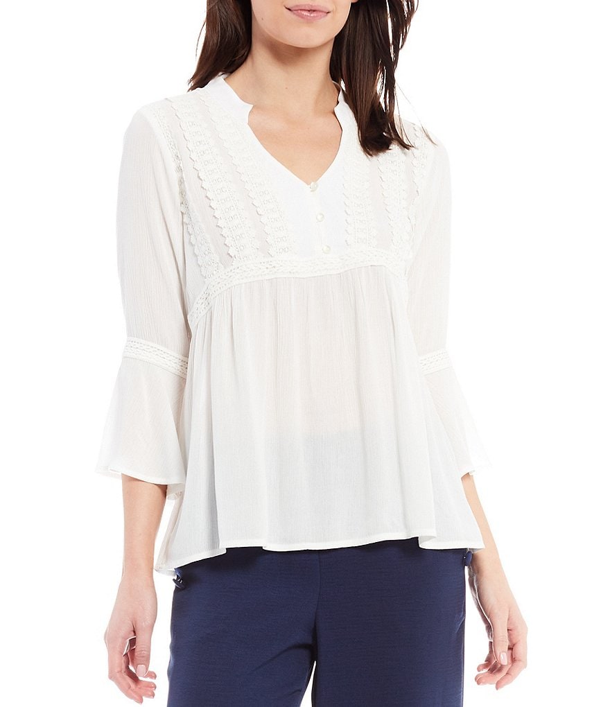 I.N. Studio Solid Crepon Scalloped Edge Trim Split V-Neck 3/4 Bell Sleeve Top