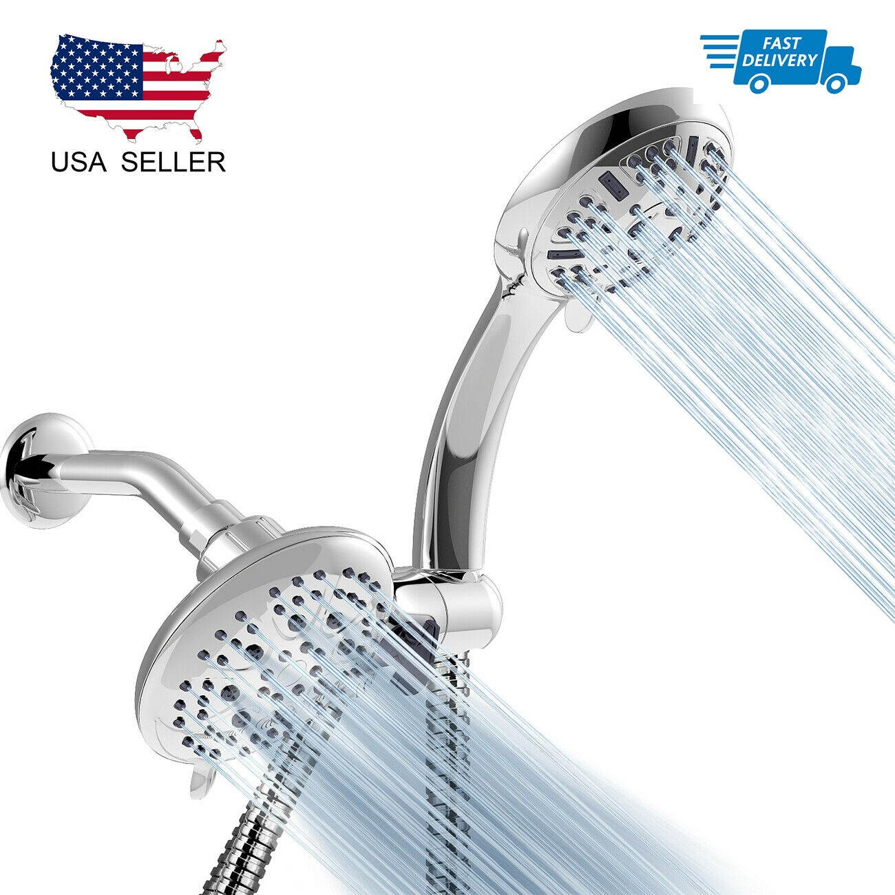 3-Way High Pressure Dual Shower Head Combo 6 Spray Settings Rain Shower 2.5 GPM