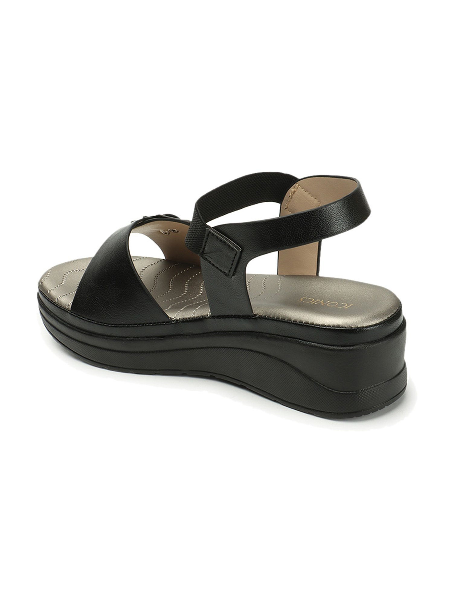 Iconics Women's Black Ankle Strap Wedges