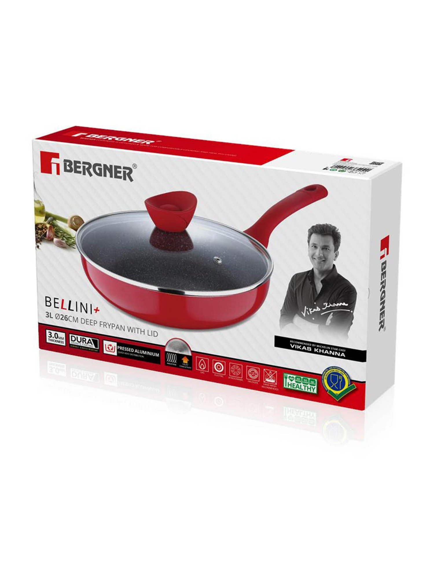 Bergner Bellini Plus Red Aluminium Induction Base Deep Frypan 26 cm diameter with Lid - Set of 1