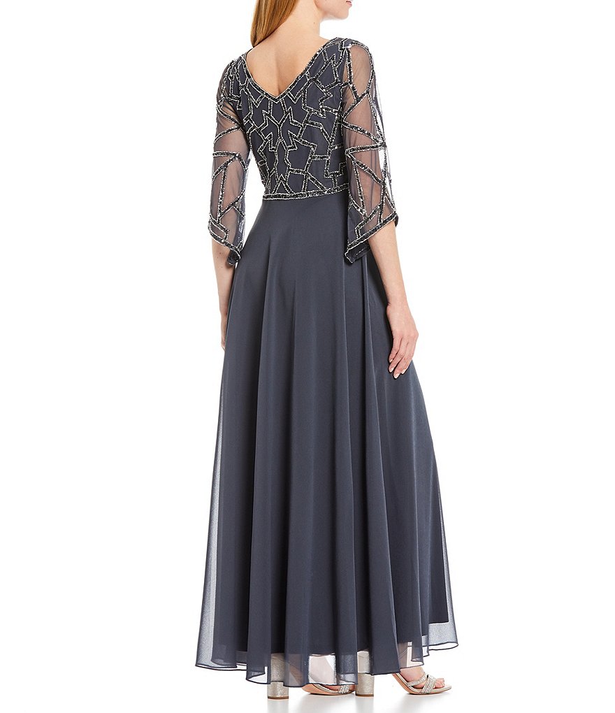 Jkara Petite Size V-Neck 3/4 Sleeve Beaded Bodice Gown