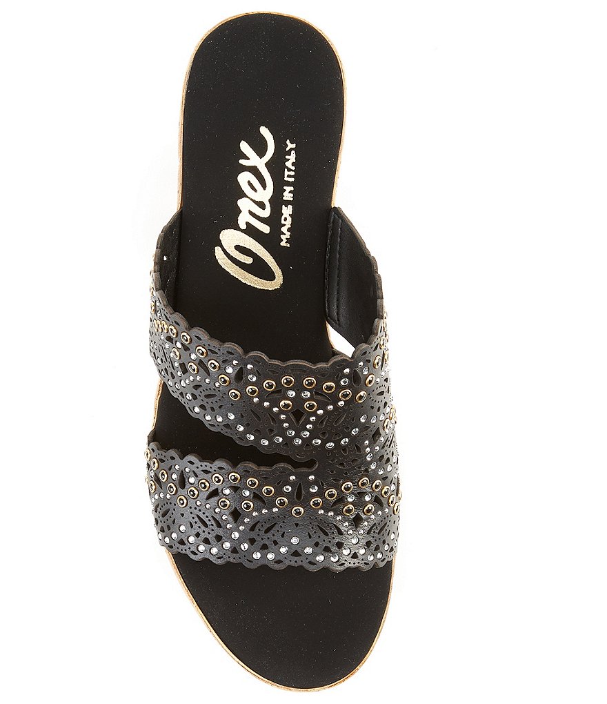 Onex Theresa Leather Perforated Studded Cork Wedge Slides